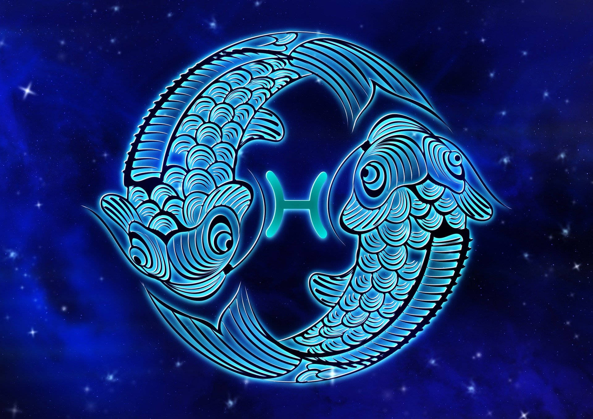 皇家藍色雙魚座星號 壁紙 — 兩條風格化的藍色魚在星空宇宙背景下向相反方向游動，形成雙魚座星座符號。