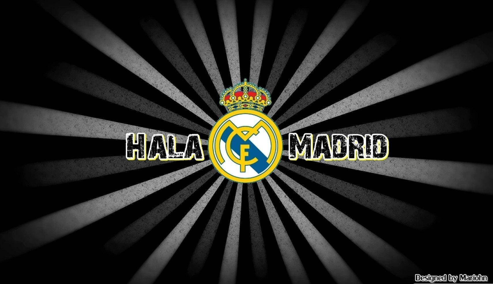 皇家馬德里足球會標誌，帶有「Hala Madrid」文字，背景為輻射狀條紋。