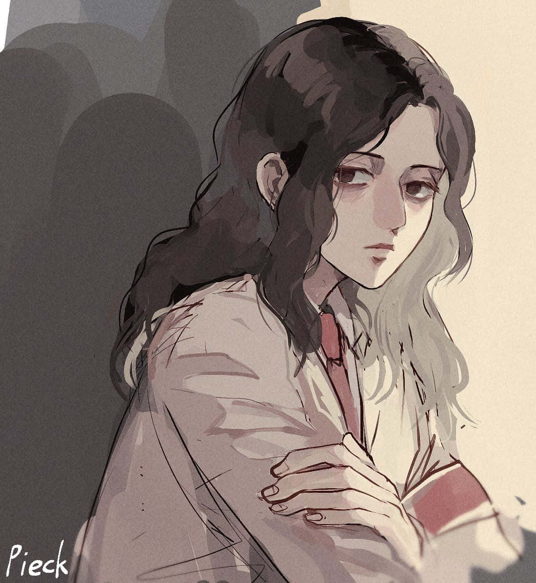 穿著校服的動漫女孩，眼神低垂，雙臂交叉，以柔和的低調色調呈現。