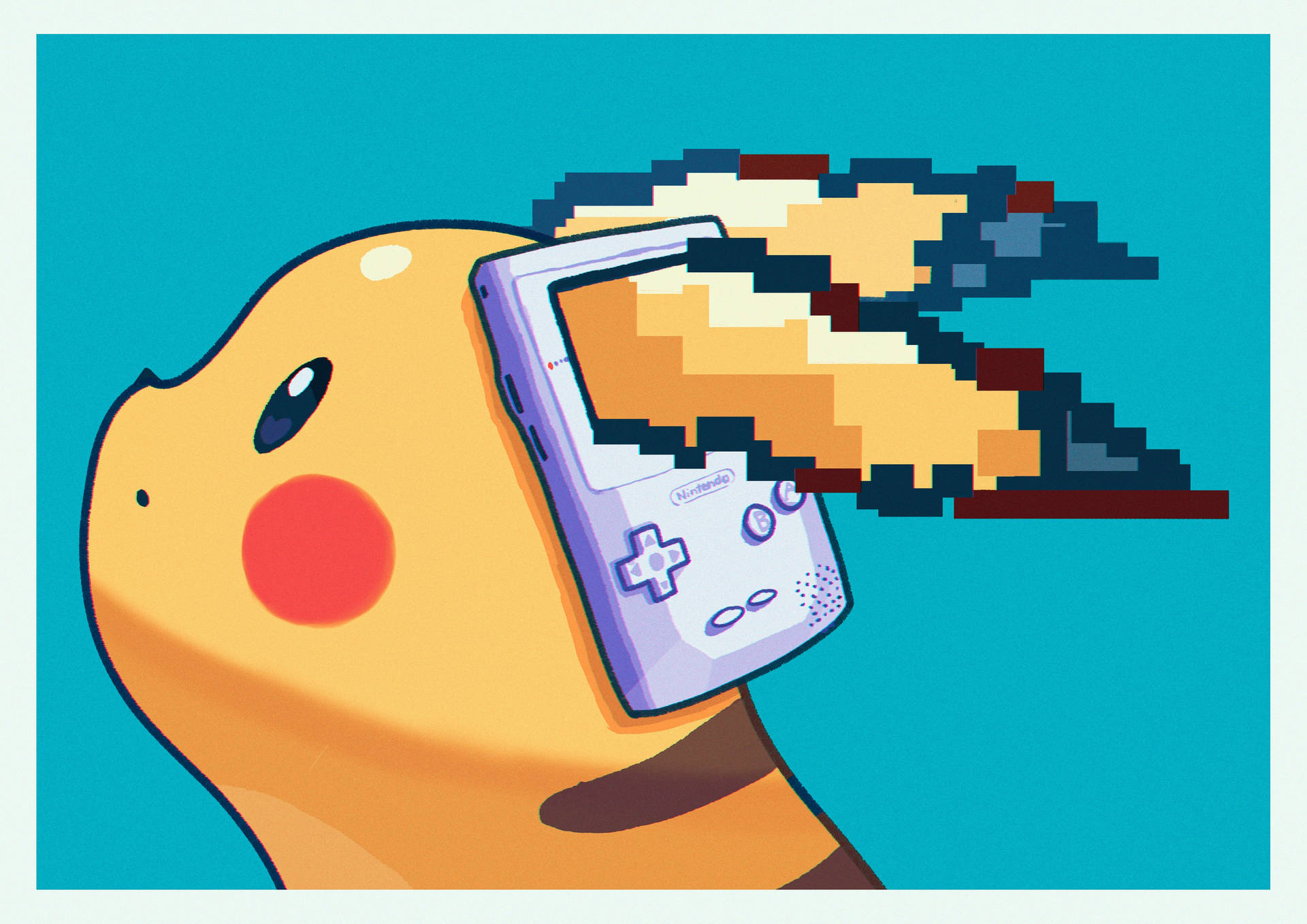 皮卡丘拿著Game Boy，螢幕上有像素火焰冒出。