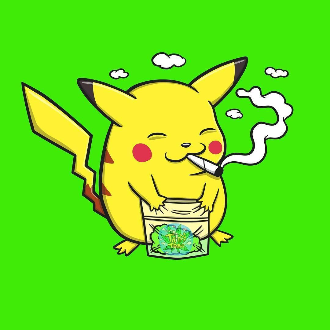 比卡超喺綠色背景上食煙，揸住一袋大麻。