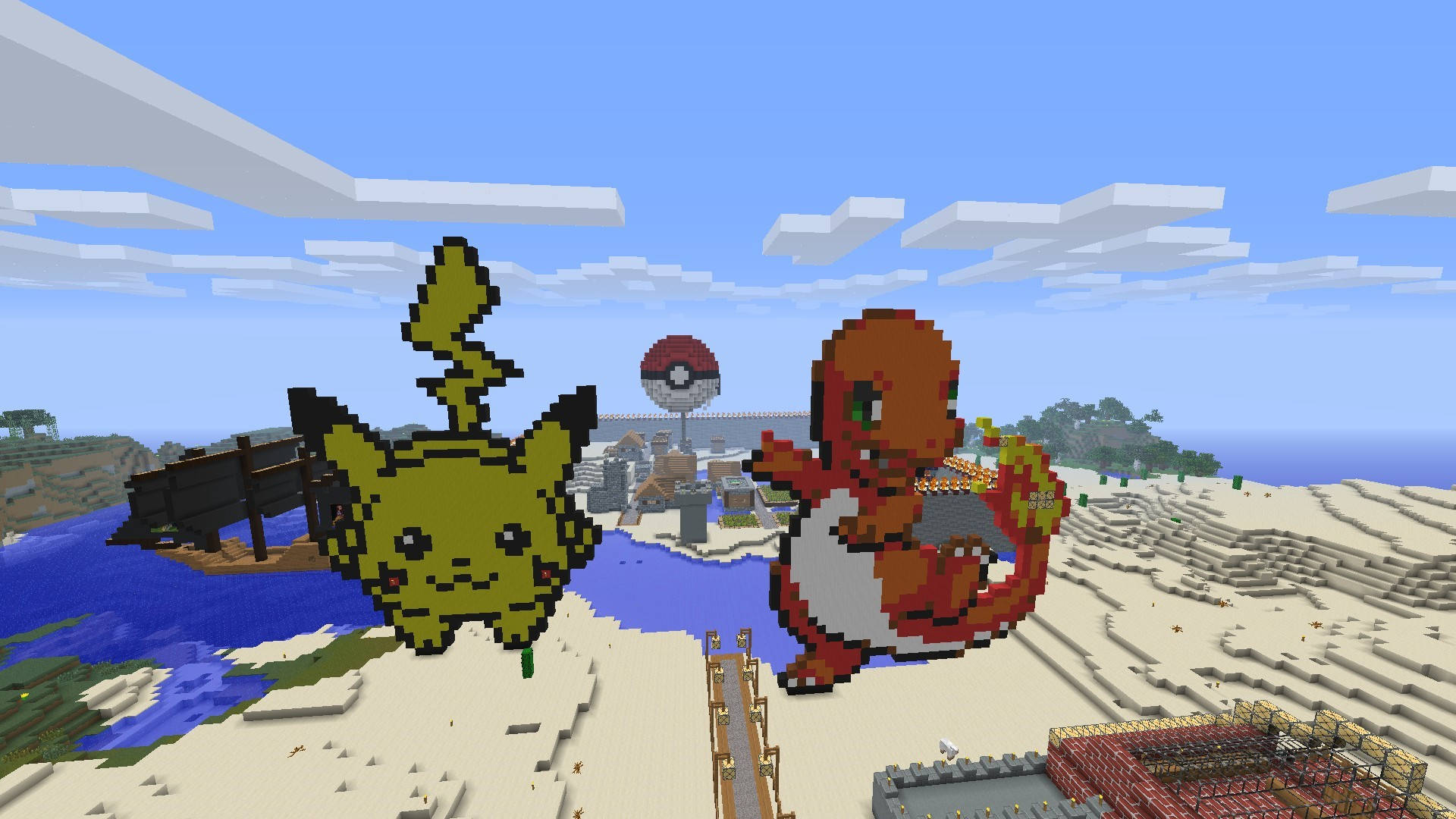 比卡超和車厘龜以Minecraft像素藝術風格出現在村莊附近的海灘上。