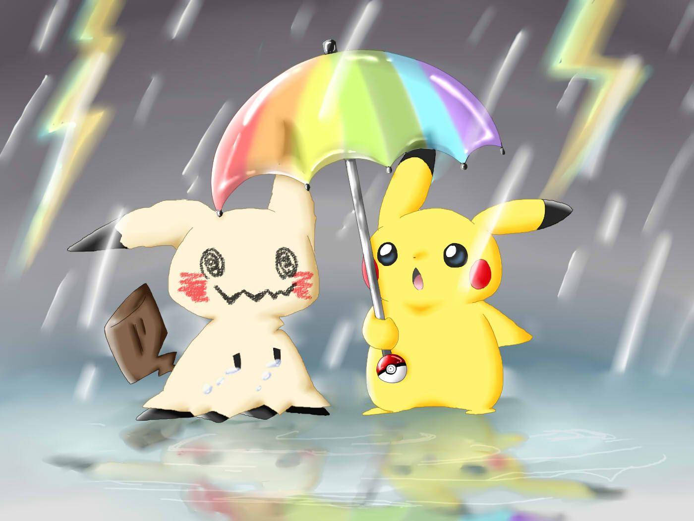 比卡超與謎擬Q在雷電交加的雨中暴風中手持彩虹傘。