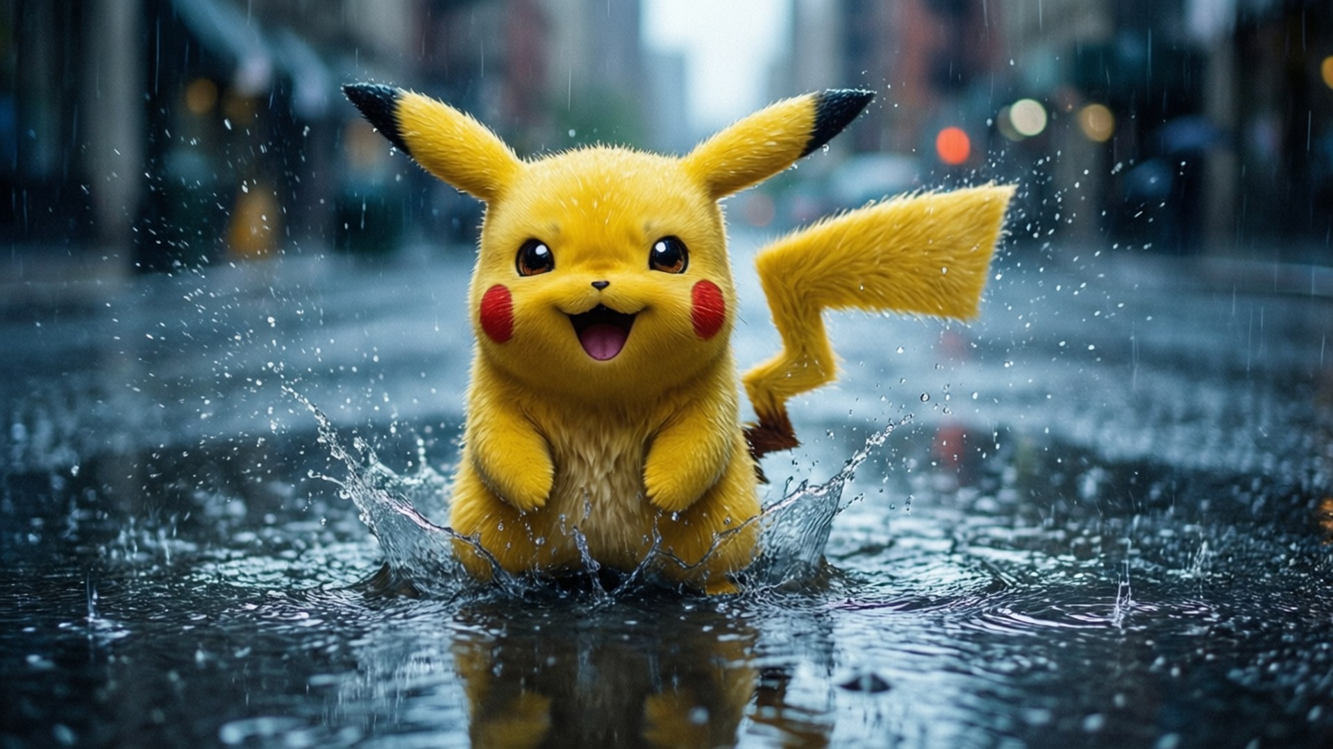 比卡超在城市街道上的雨水坑裡快樂地跳躍。
