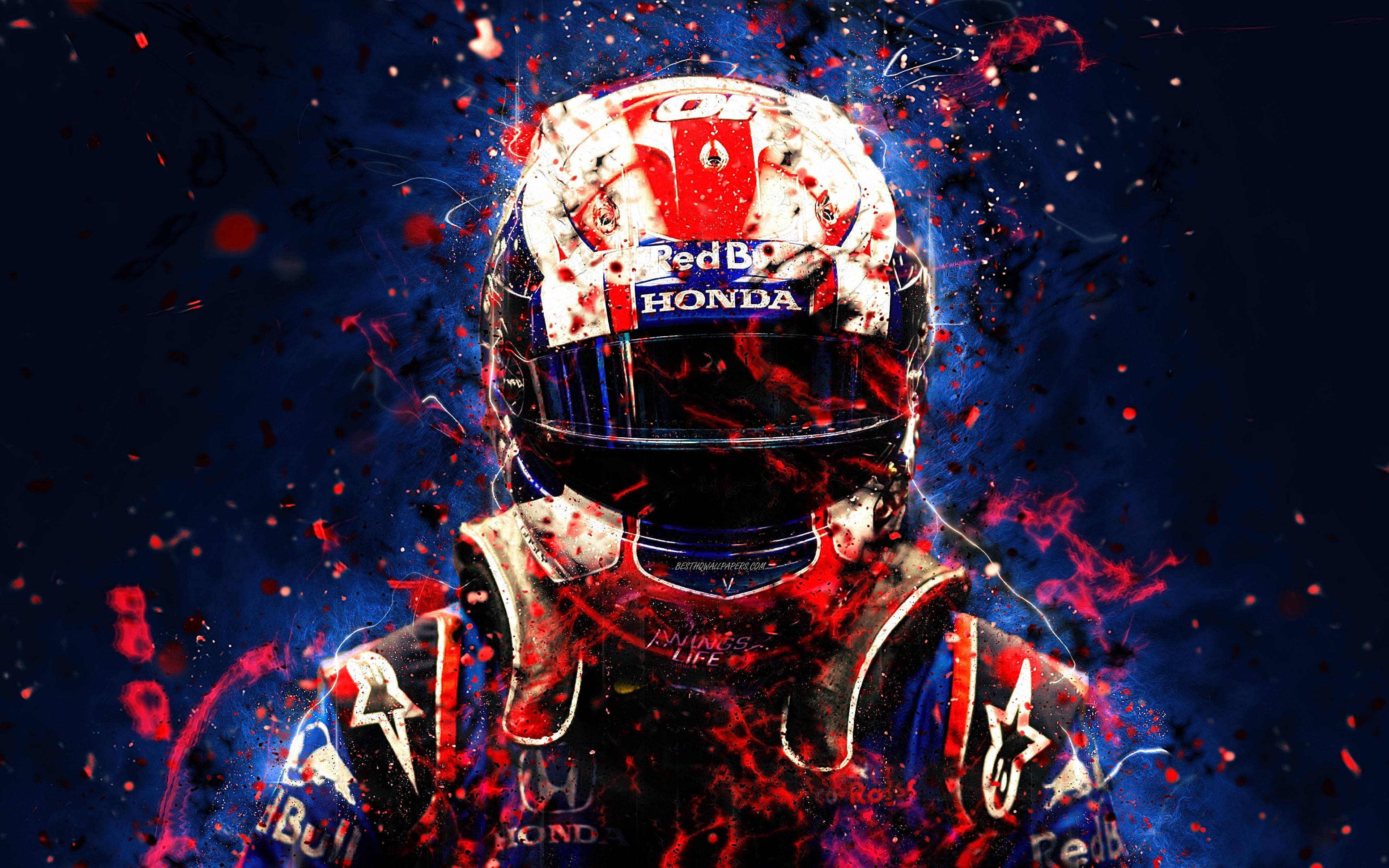 皮埃爾·加斯利藍紅藝術風 壁紙 — 一名賽車手身穿 Red Bull Honda 頭盔和賽車服，在深色背景上爆發出紅色和藍色的飛濺效果。