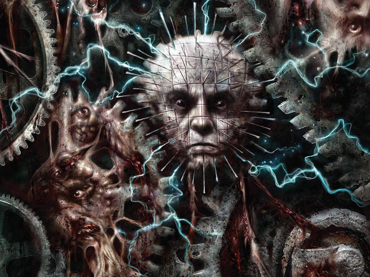 皮恩海德恐怖趣味藝術 壁紙 — 一幅恐怖主題的數位藝術作品，描繪一個類似針頭的人物，周圍環繞著齒輪和電光藍色閃電。
