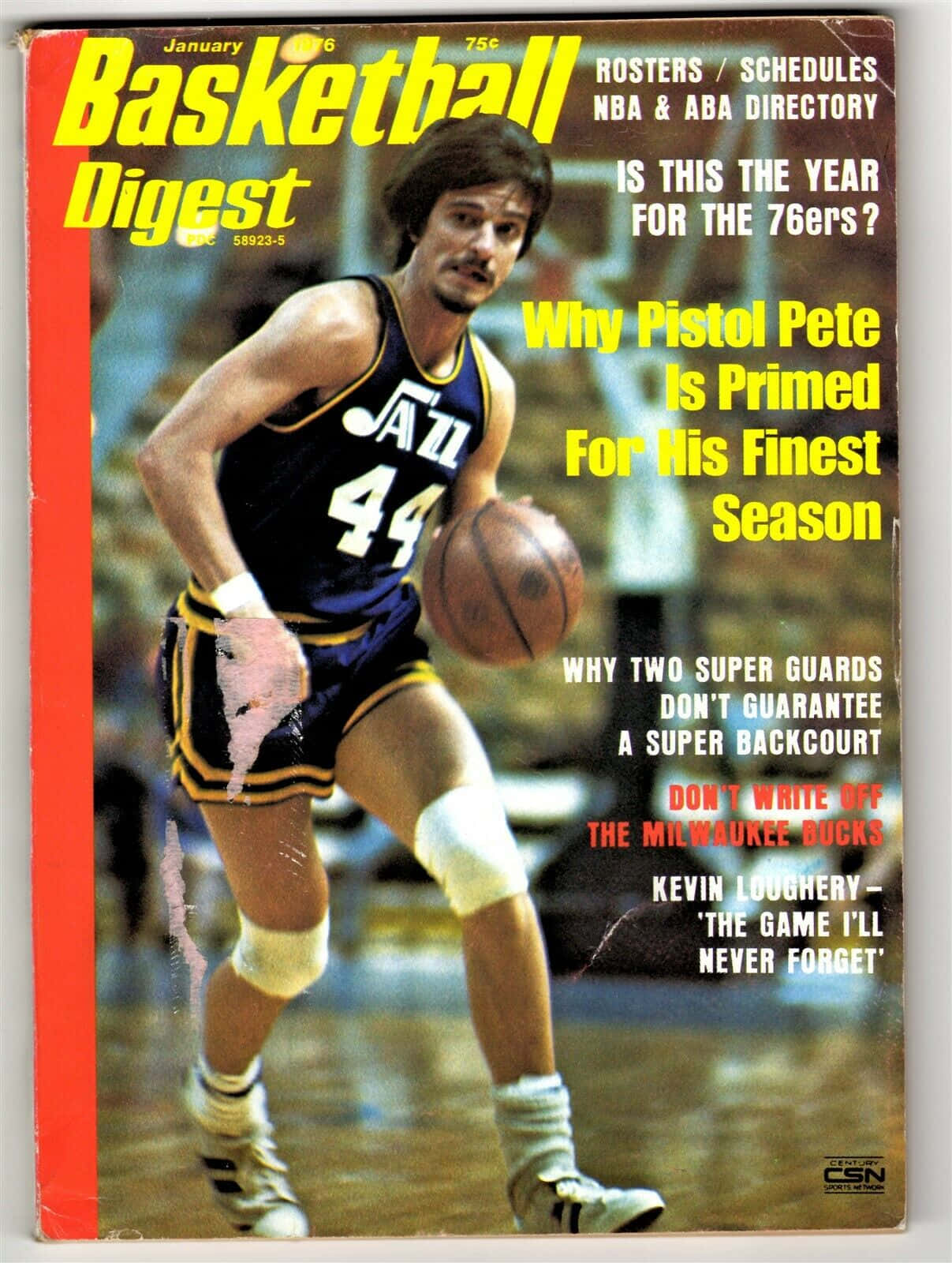 皮特·馬拉維奇《籃球文摘》雜誌封面 壁紙 — 一張復古的Basketball Digest封面，展示一位身穿藍色和金色球衣的爵士隊球員在球場上運球。