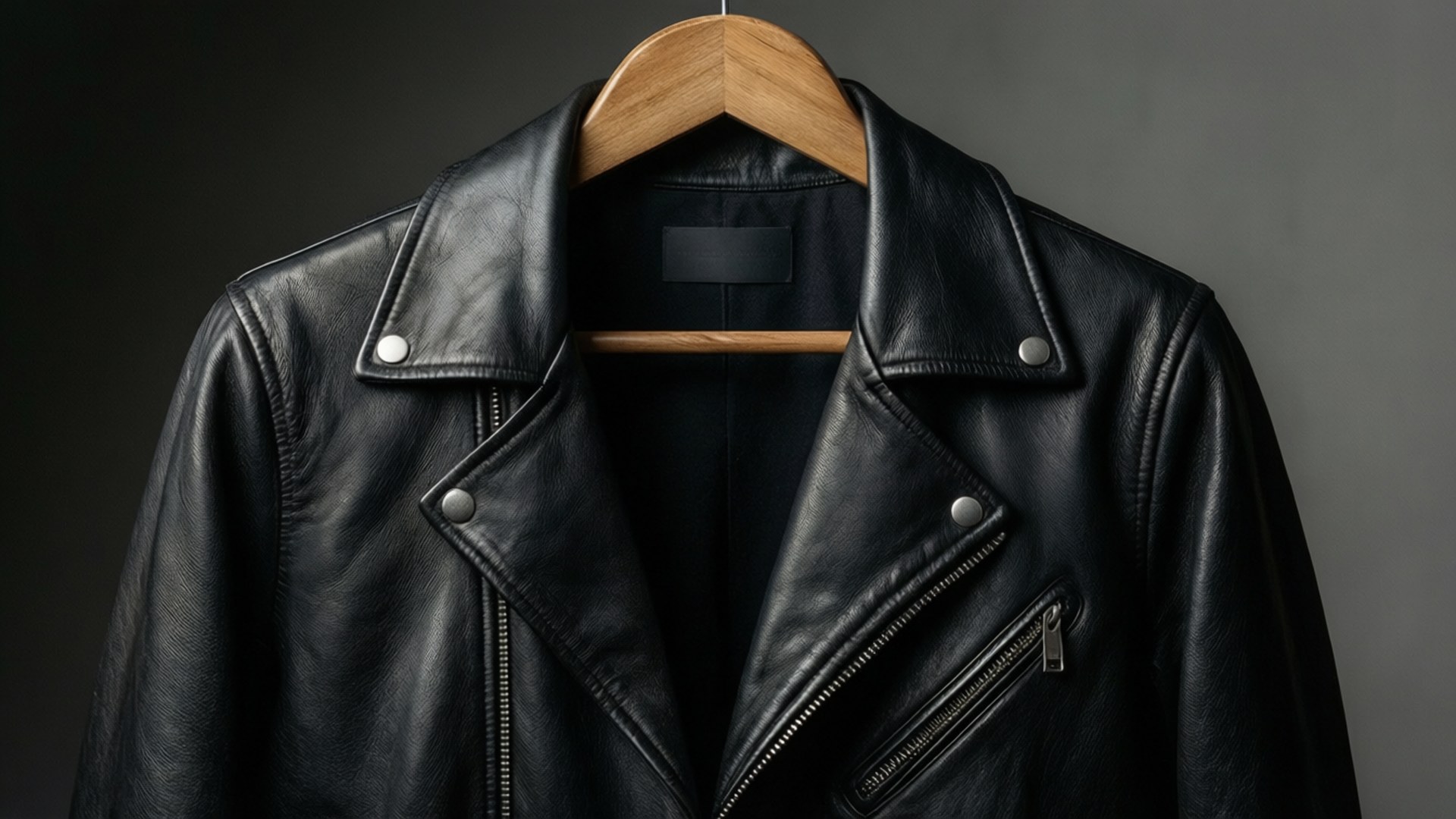 黑色皮質機車夾克掛在木衣架上，背景為深灰色