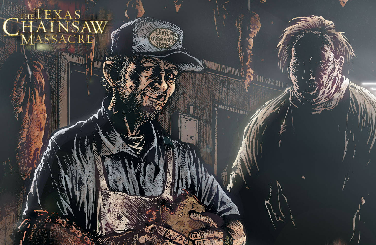 Leatherface 手持電鋸，身後有一個喪屍在屠宰場。