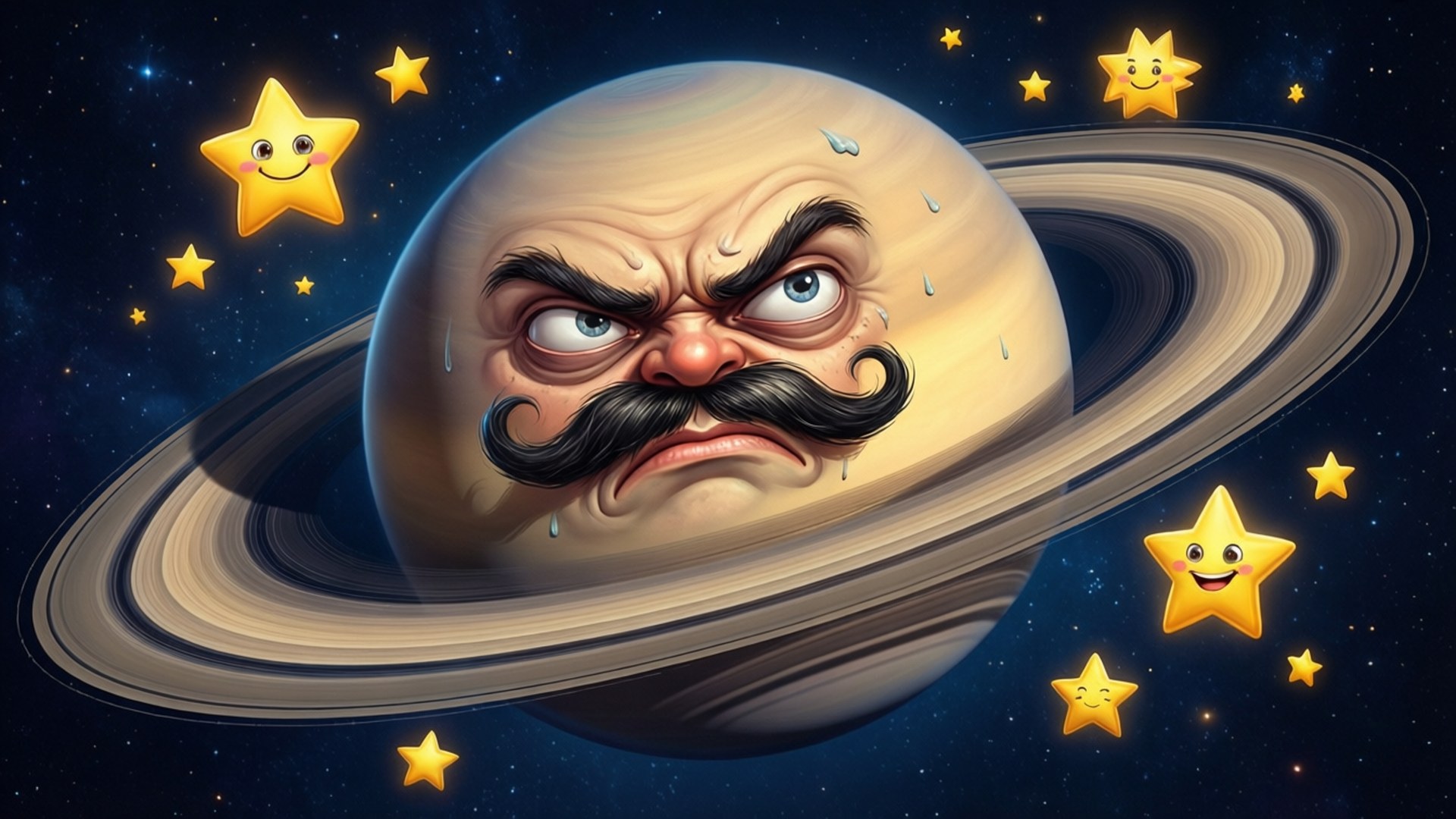 皺眉土星 壁紙 — 一個憤怒的卡通星球，有鬍子和汗珠，被微笑的星星環繞在宇宙場景中。