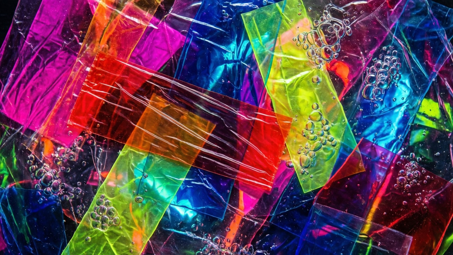 色彩繽紛的半透明塑膠片重疊，內部 trapped 氣泡。