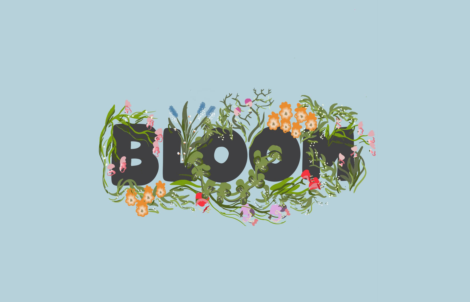 在淺藍色背景上，單詞 bloom 被色彩繽紛的花朵和綠植環繞。