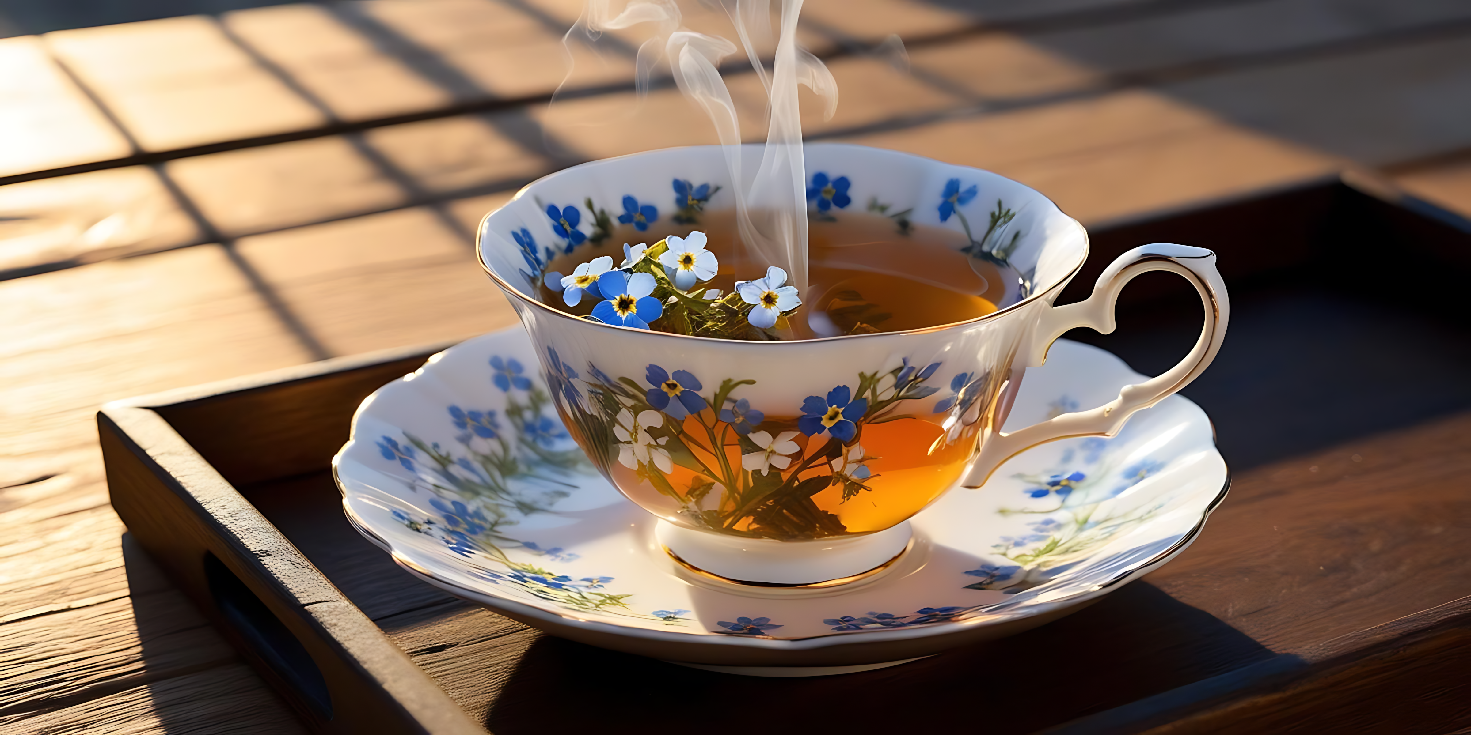 盛有乾燥花的茶杯 壁紙 — 一杯冒著熱氣的草本茶，漂浮著藍色和白色的勿忘我，放在沐浴在溫暖陽光下的木托盤上。