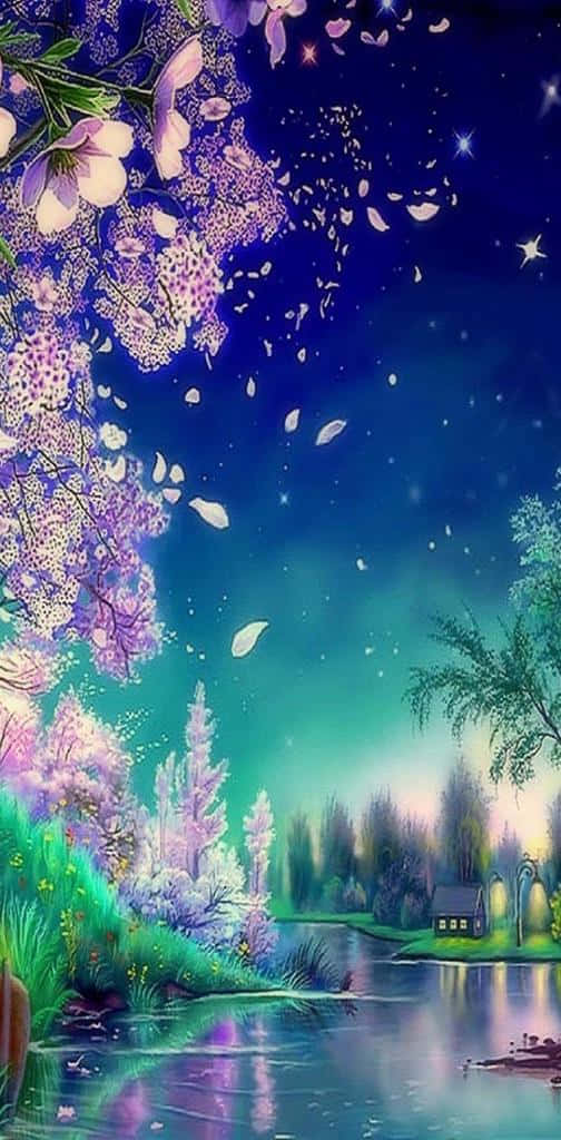 櫻花在星星下飄浮，上方是發光的河流和小屋。