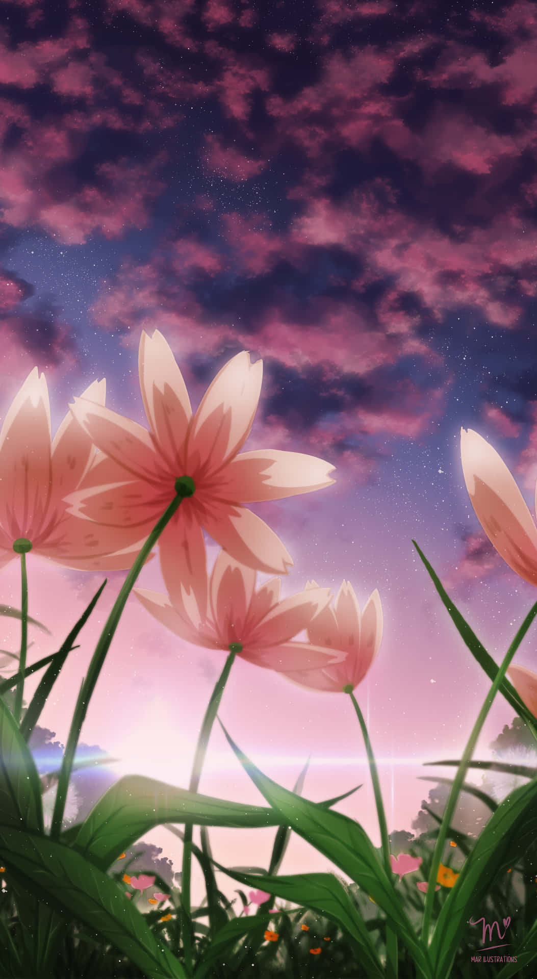 粉紅花朵在星空暮色下搖曳，伴隨洋紅色雲彩。