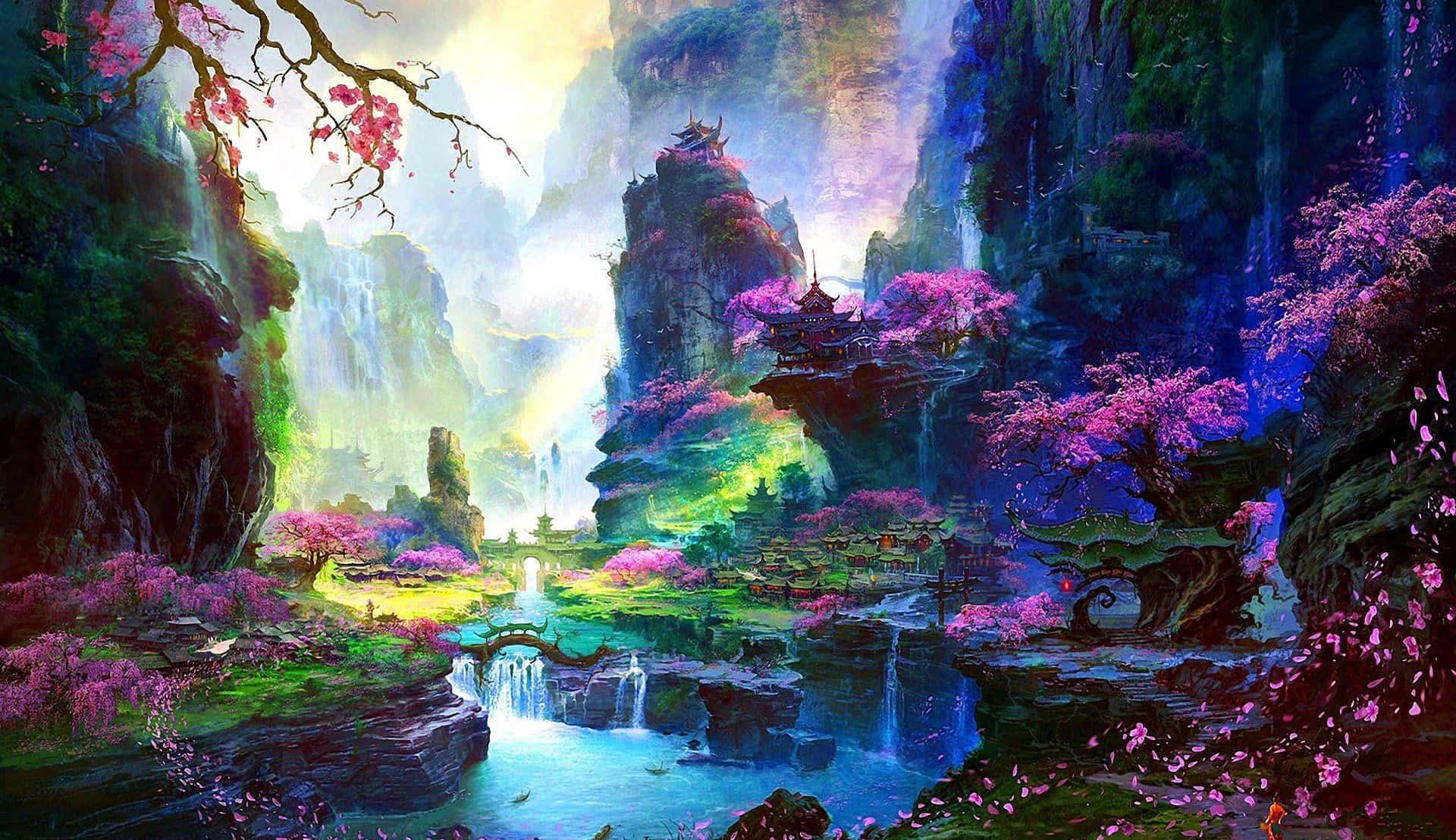 奇幻山谷，有漂浮的寶塔、瀑布和粉紅色的櫻花，在閃耀的天空下。