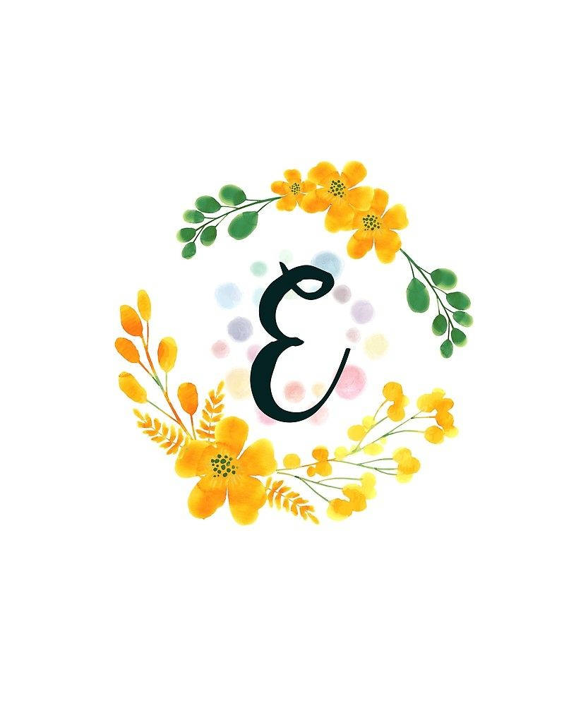 盛開的表達 - 黃色花朵裝飾的字母E 壁紙 — 一個水彩字母E，被黃色花朵和綠色葉子組成的花環環繞，帶有粉彩圓點，背景為白色。