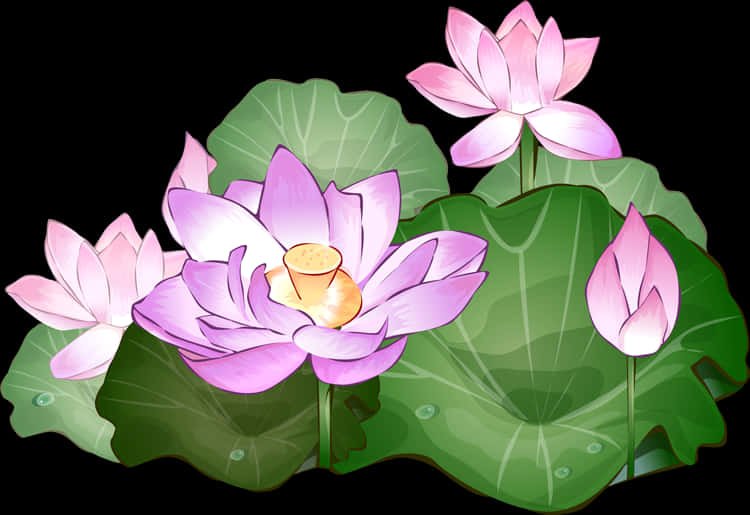 盛開蓮花插畫 壁紙 — 粉紅色的蓮花和花蕾在大型綠色睡蓮葉之間優雅綻放，背景為純黑色。