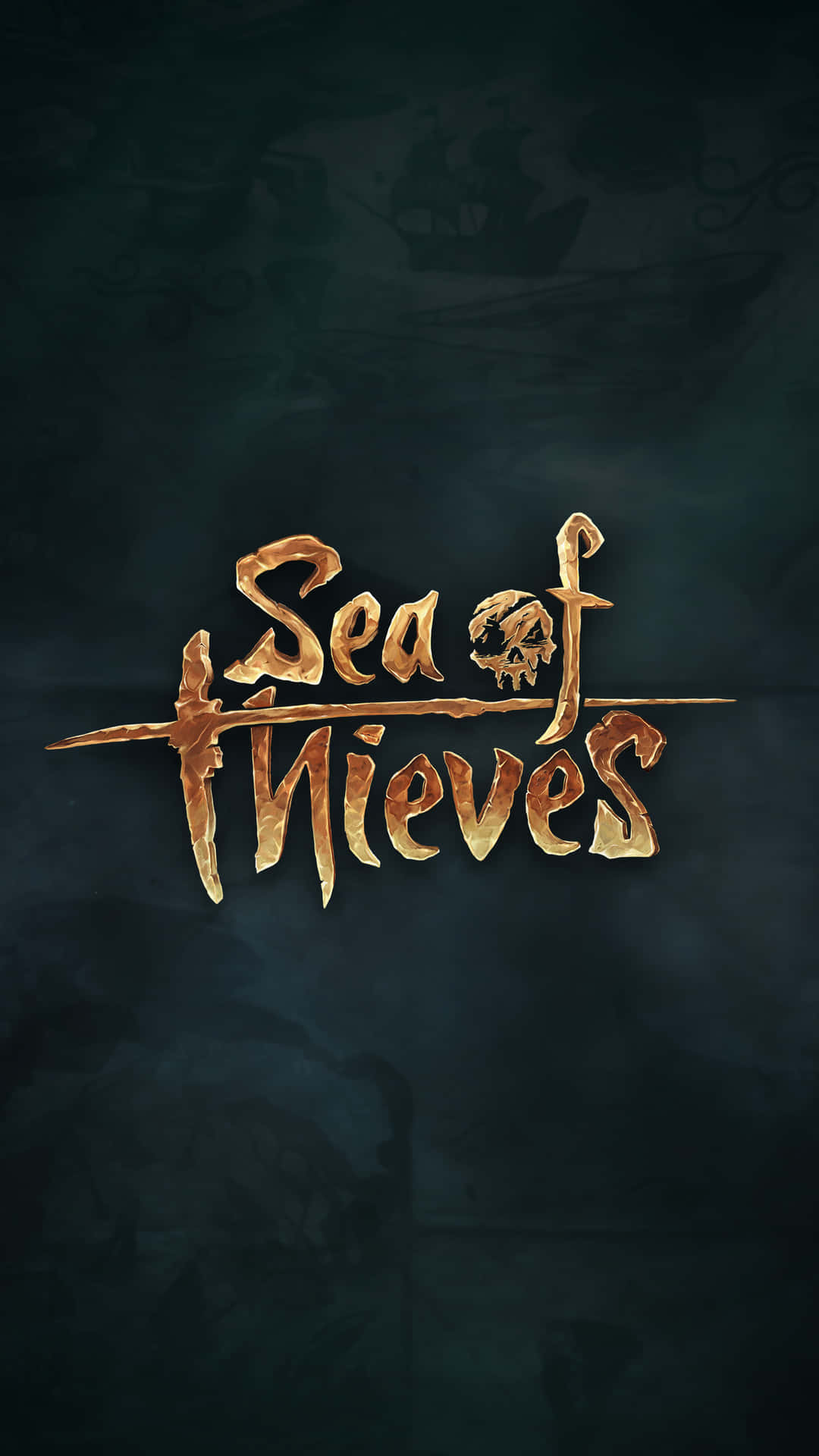 金色Sea of Thieves標誌連骷髏頭喺黑暗紋理背景上。
