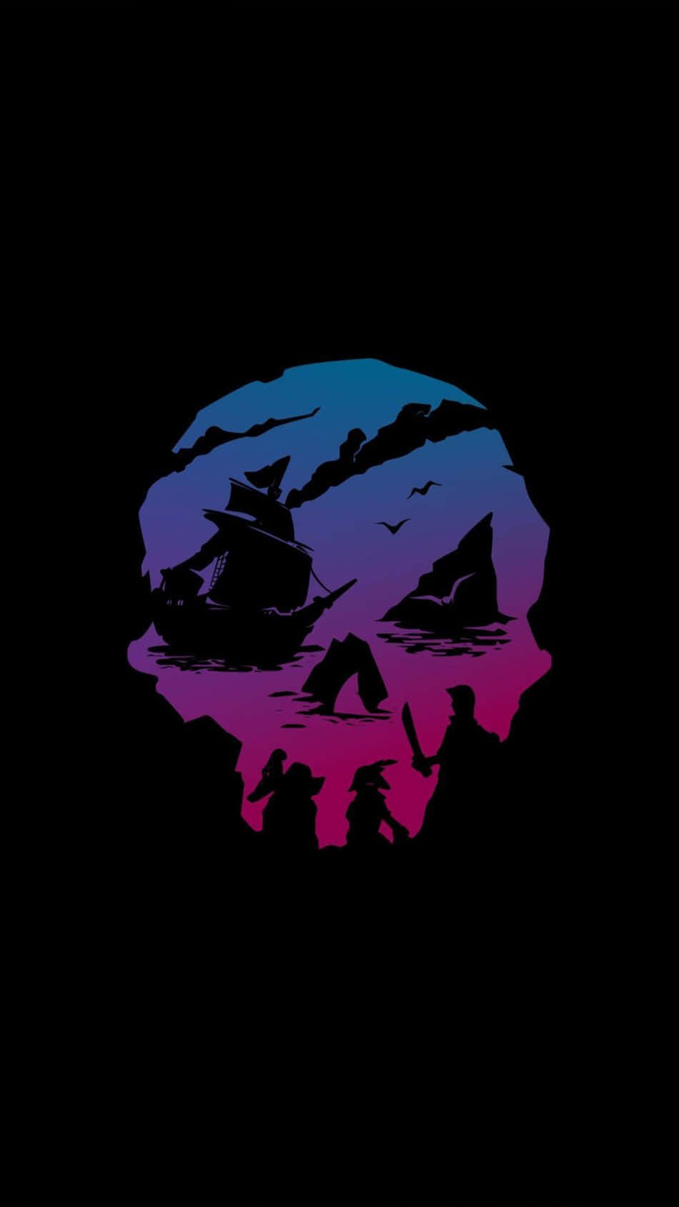 海盜船和人物在骷髏剪影內，背景是漸變天空。