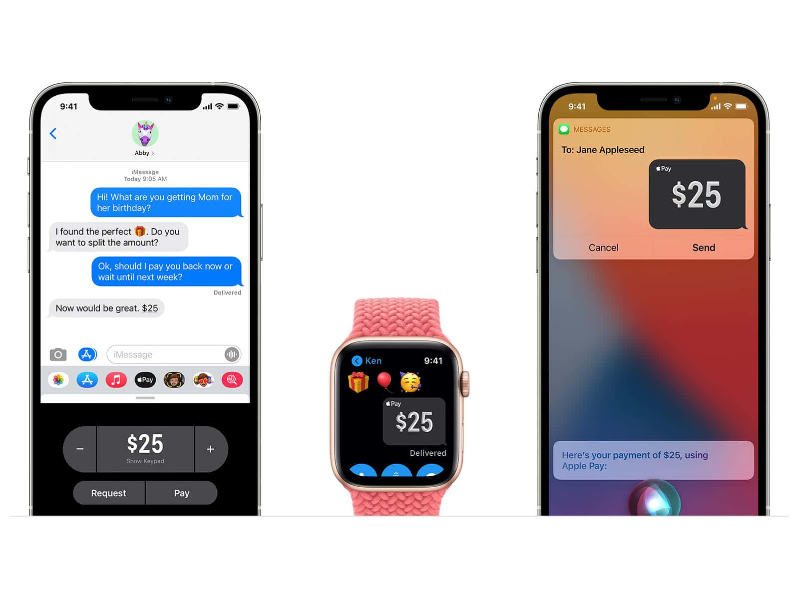 三部 Apple 裝置顯示一筆進行中的 $25 Apple Pay 交易。