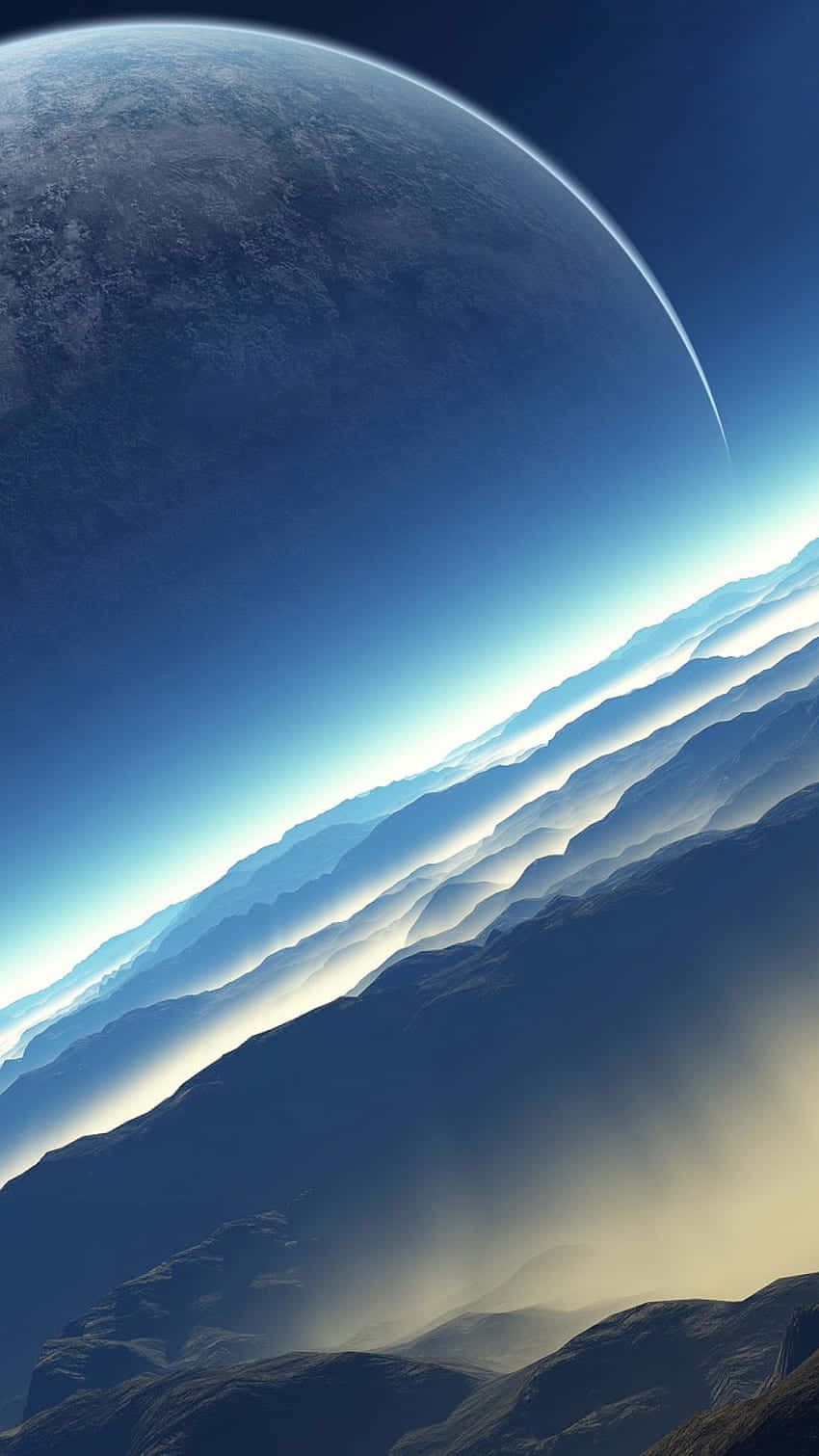 黎明時分，星球從山脊升起，地平線閃耀。