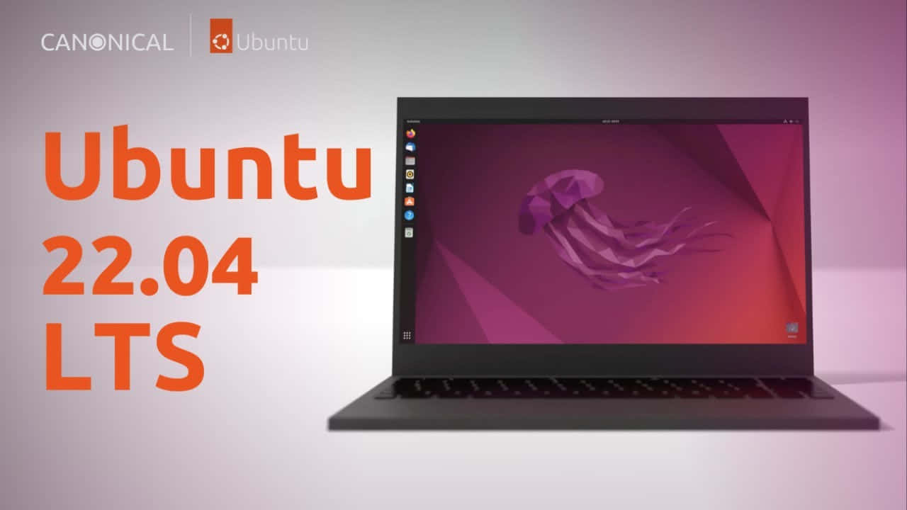 筆記型電腦顯示 Ubuntu 22.04 LTS，帶有紫色水母壁紙。
