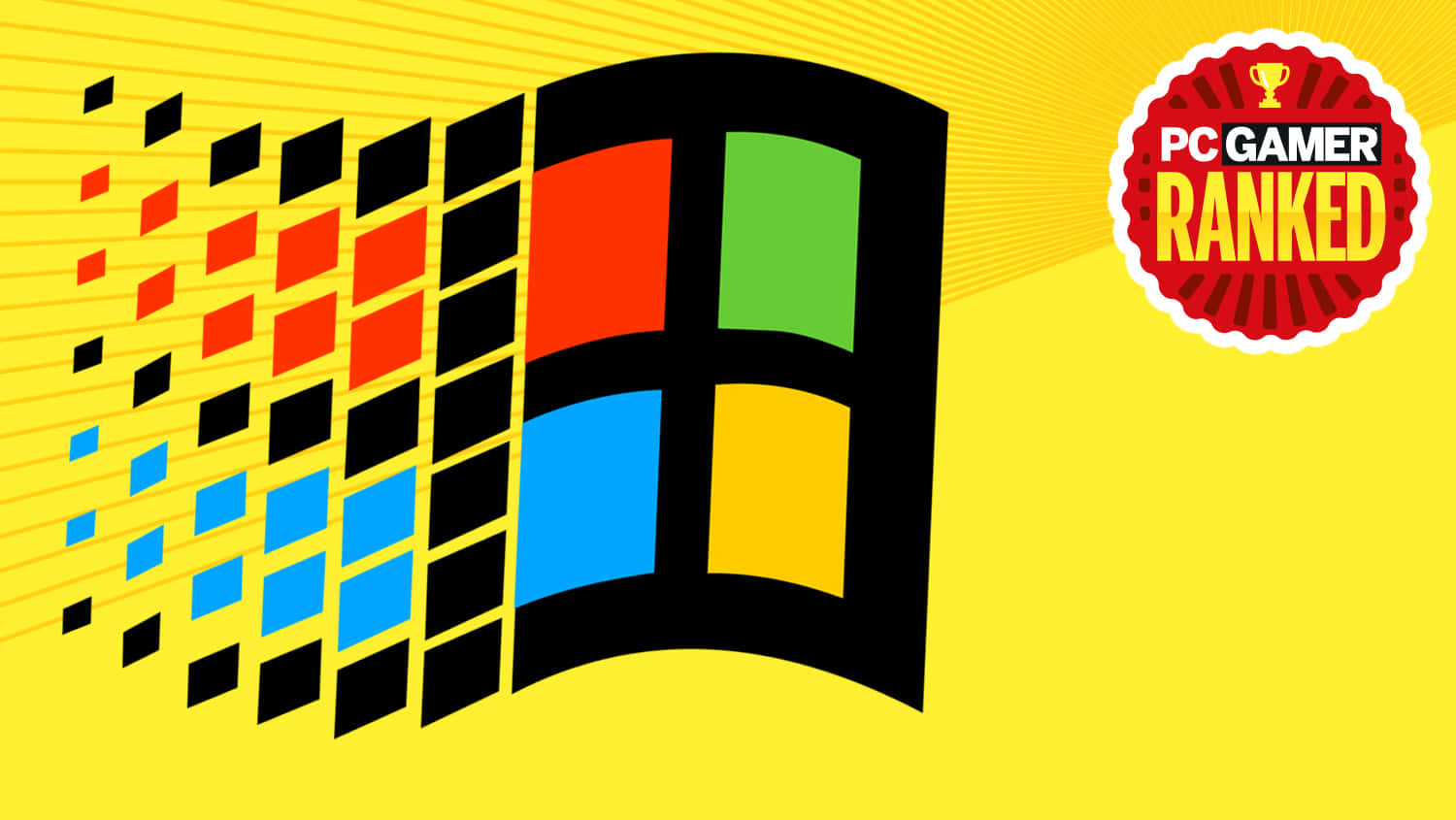 Windows標誌帶有像素化運動效果和PC Gamer Ranked徽章，置於黃色背景上。