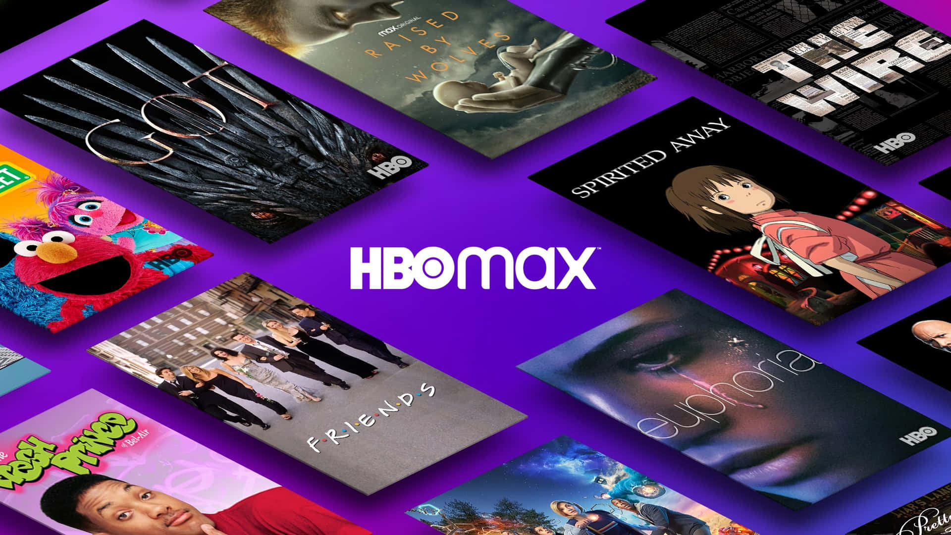 HBO Max標誌及周圍節目縮圖，背景為紫色。