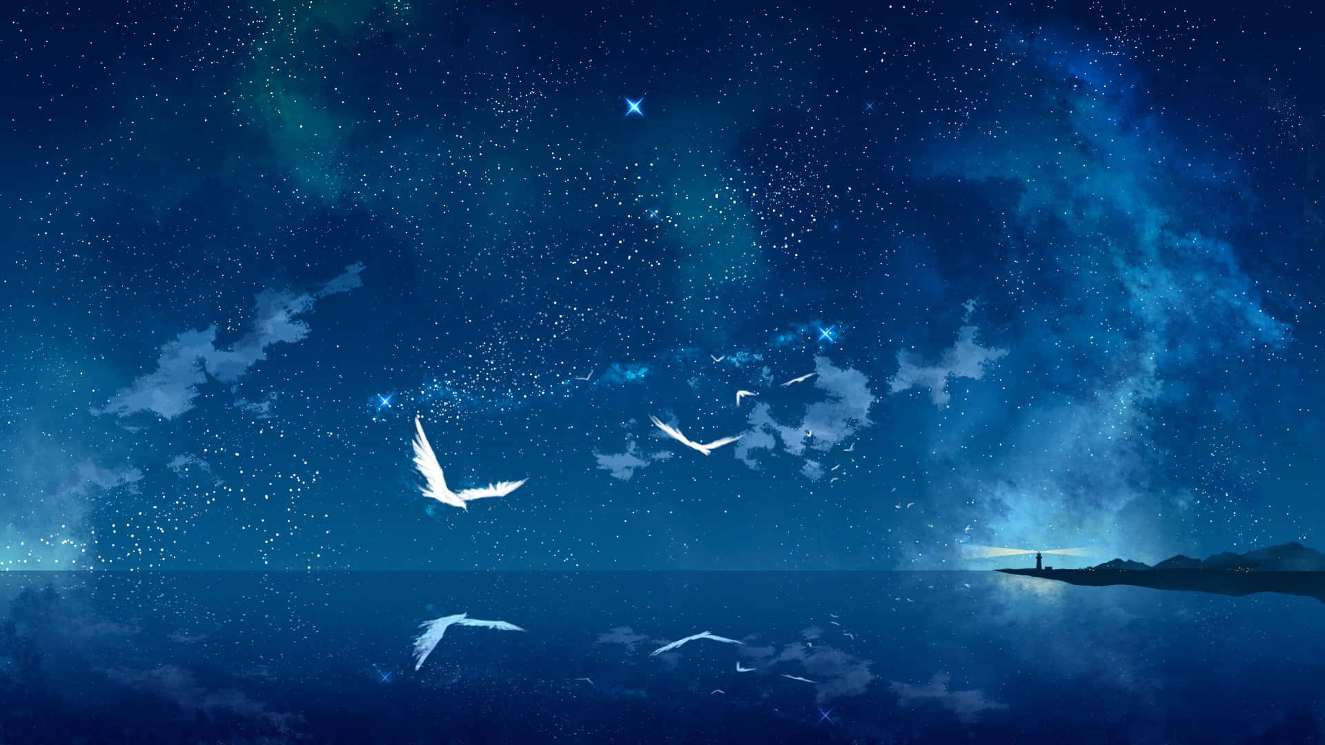 盡享動畫風景的絕美風光 壁紙 — 白鳥在繁星點點的藍色夜空下翱翔，平靜的海面倒映著天際景象。