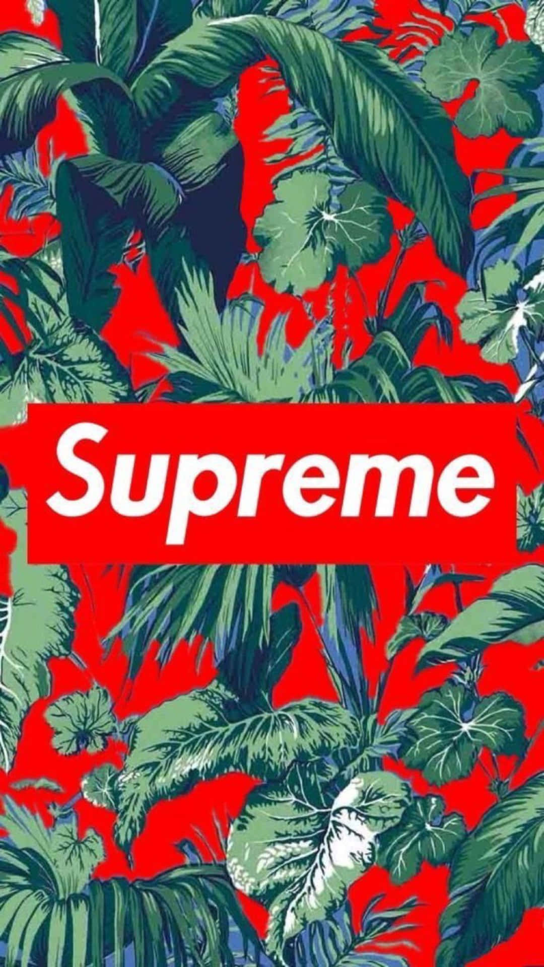 紅色背景和白色Supreme標誌的熱帶葉片圖案。