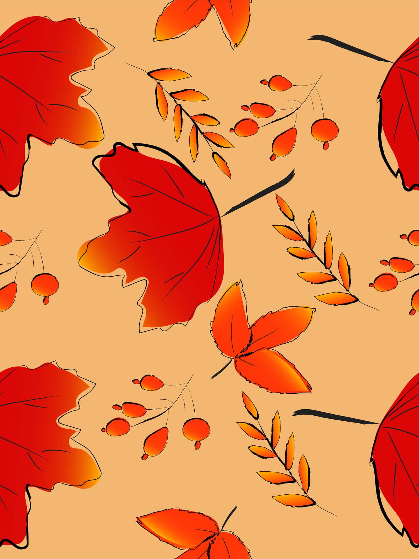 米色背景上的紅色和橙色秋葉和漿果