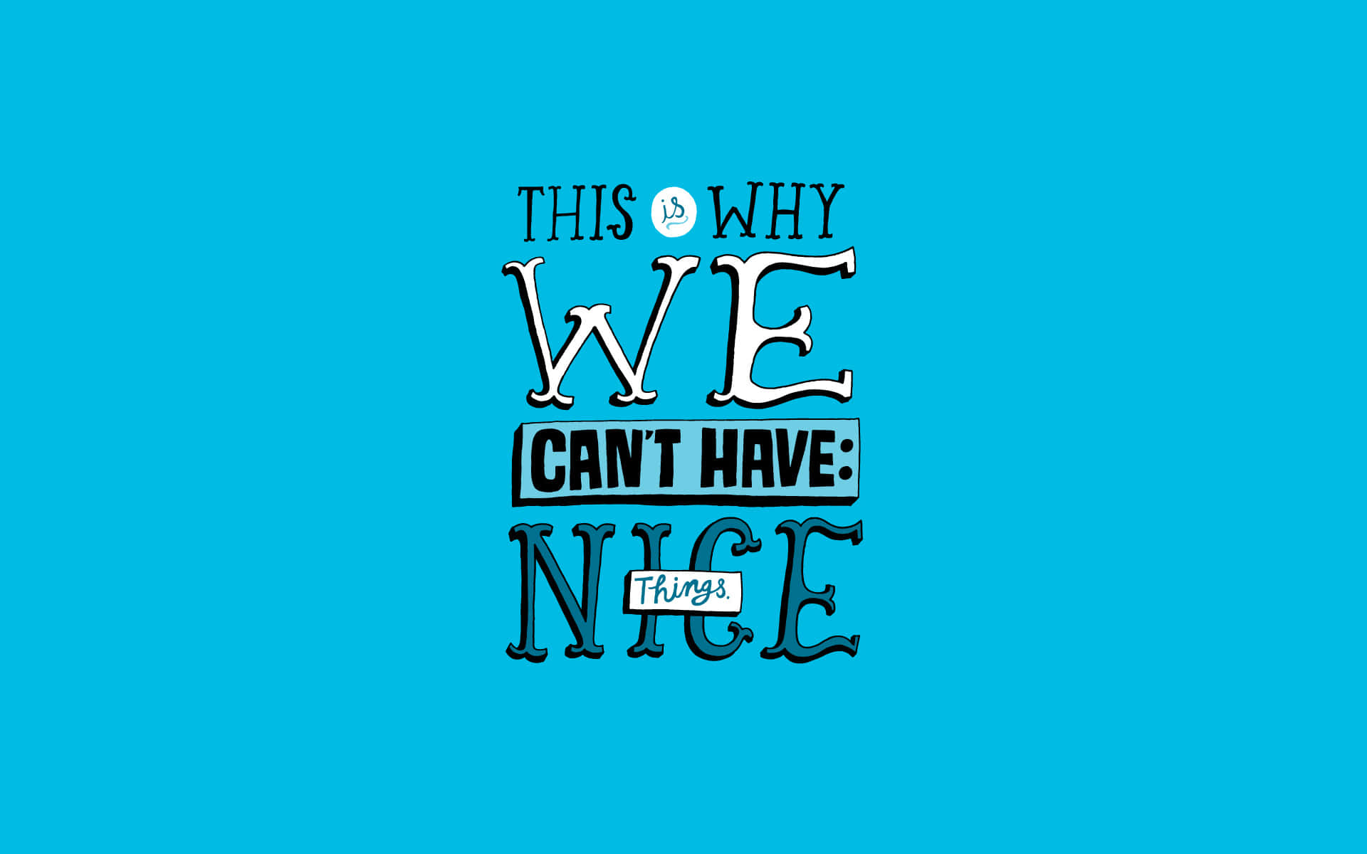 圖形設計，藍色背景上以粗體文字寫著「THIS IS WHY WE CAN'T HAVE NICE THINGS」。