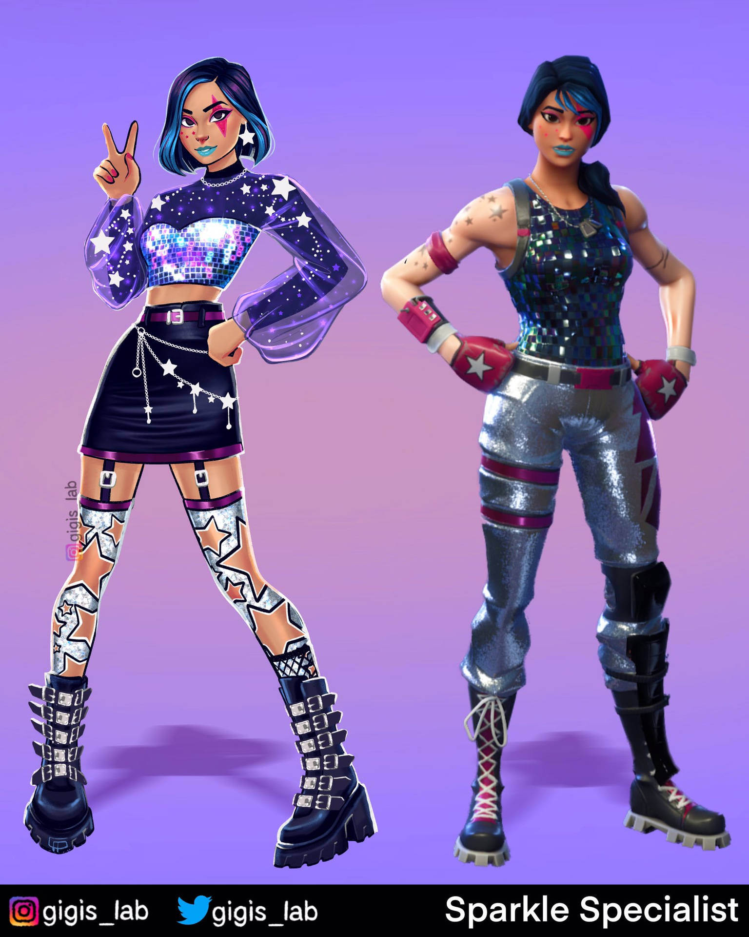 兩個動漫風格的女性角色穿著閃閃發光的星星服裝，擺出和平手勢和雙手叉腰的姿勢。