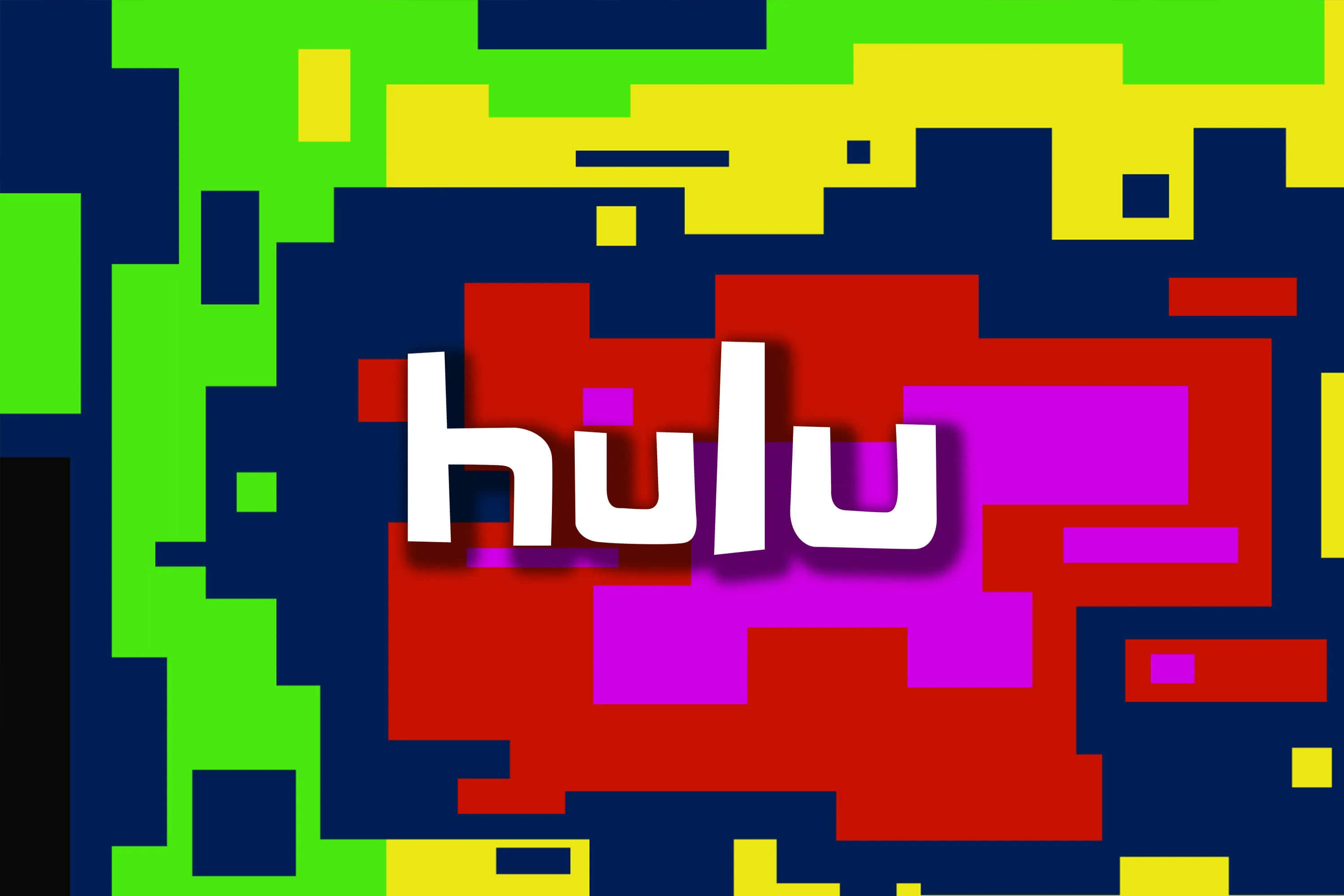 盡情享受 Hulu 上最新的電視劇和電影 壁紙 — 充滿活力的像素背景搭配大膽色彩，襯托出白色的 Hulu 標誌。