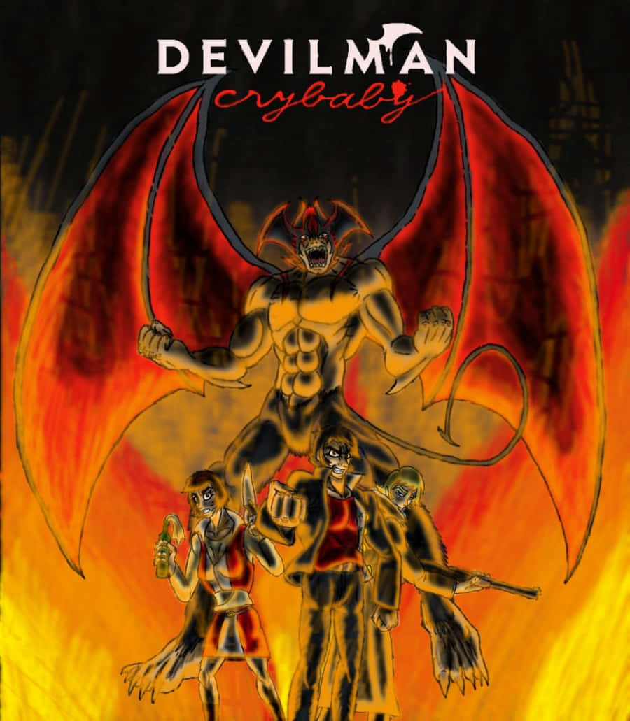 Devilman Crybaby 動漫海報，惡魔英雄和三個武裝盟友在火焰背景中。