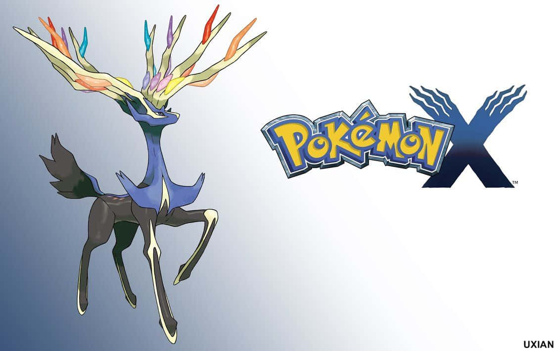 哲爾尼亞斯寶可夢角色，帶有彩色角，旁邊是Pokémon X標誌。