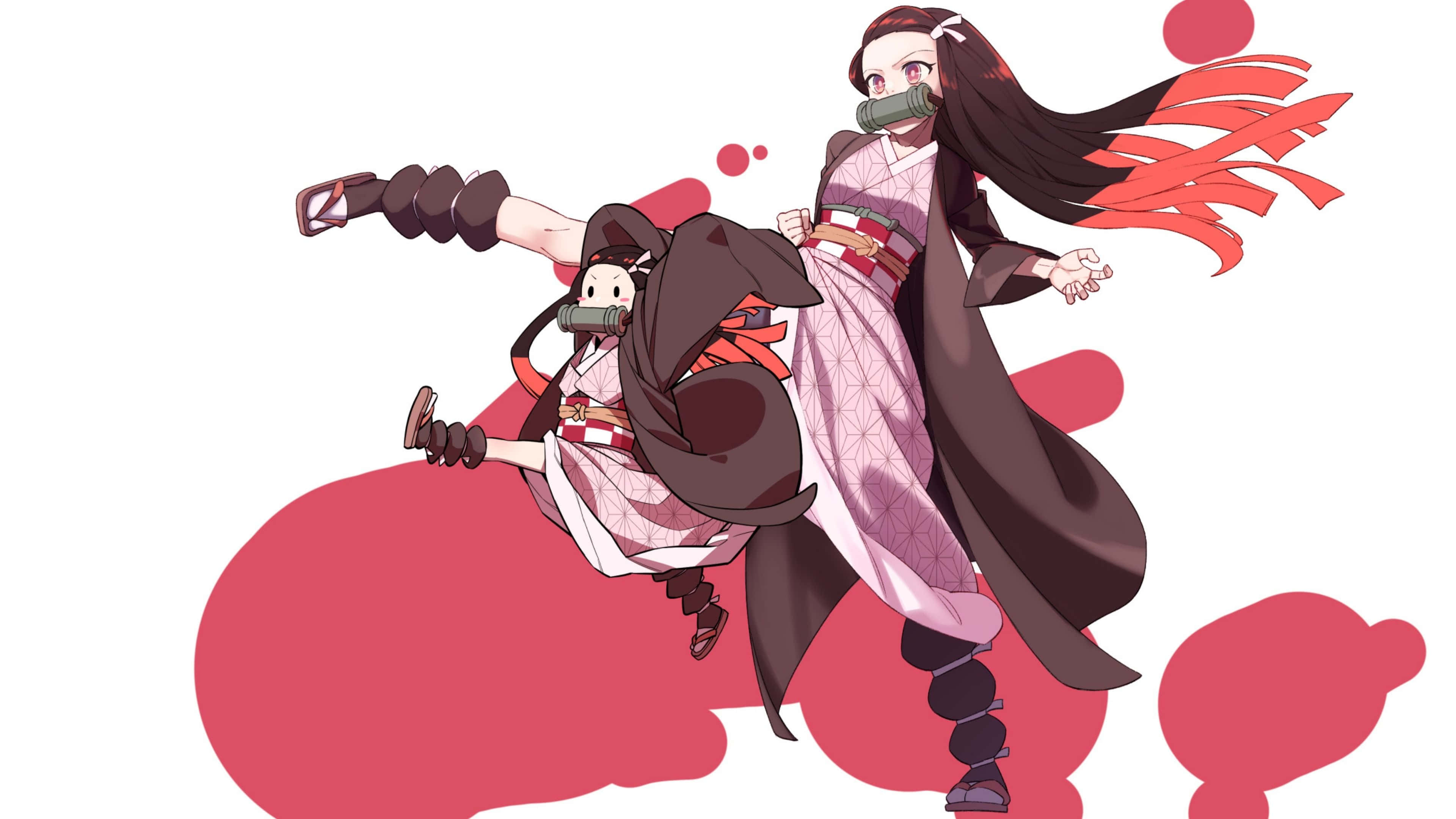 盡情享受《鬼滅之刃 4K》的壯麗之美！ 壁紙 — 兩名身穿傳統服飾的動漫風格惡魔獵人，在鮮紅的抽象背景上動態跳躍。