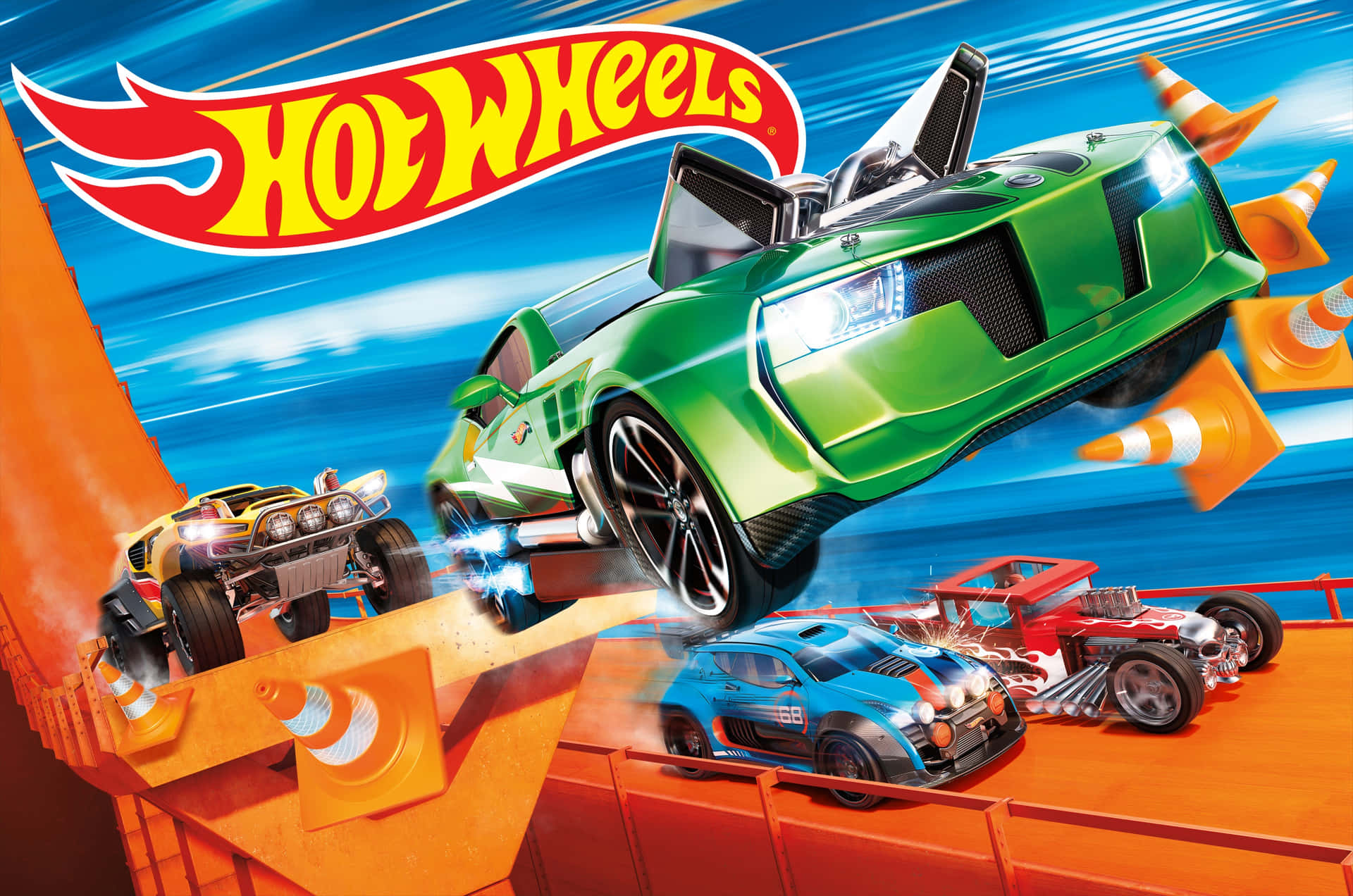 Hot Wheels玩具車在橙色坡道上競速，背景有動態模糊效果。