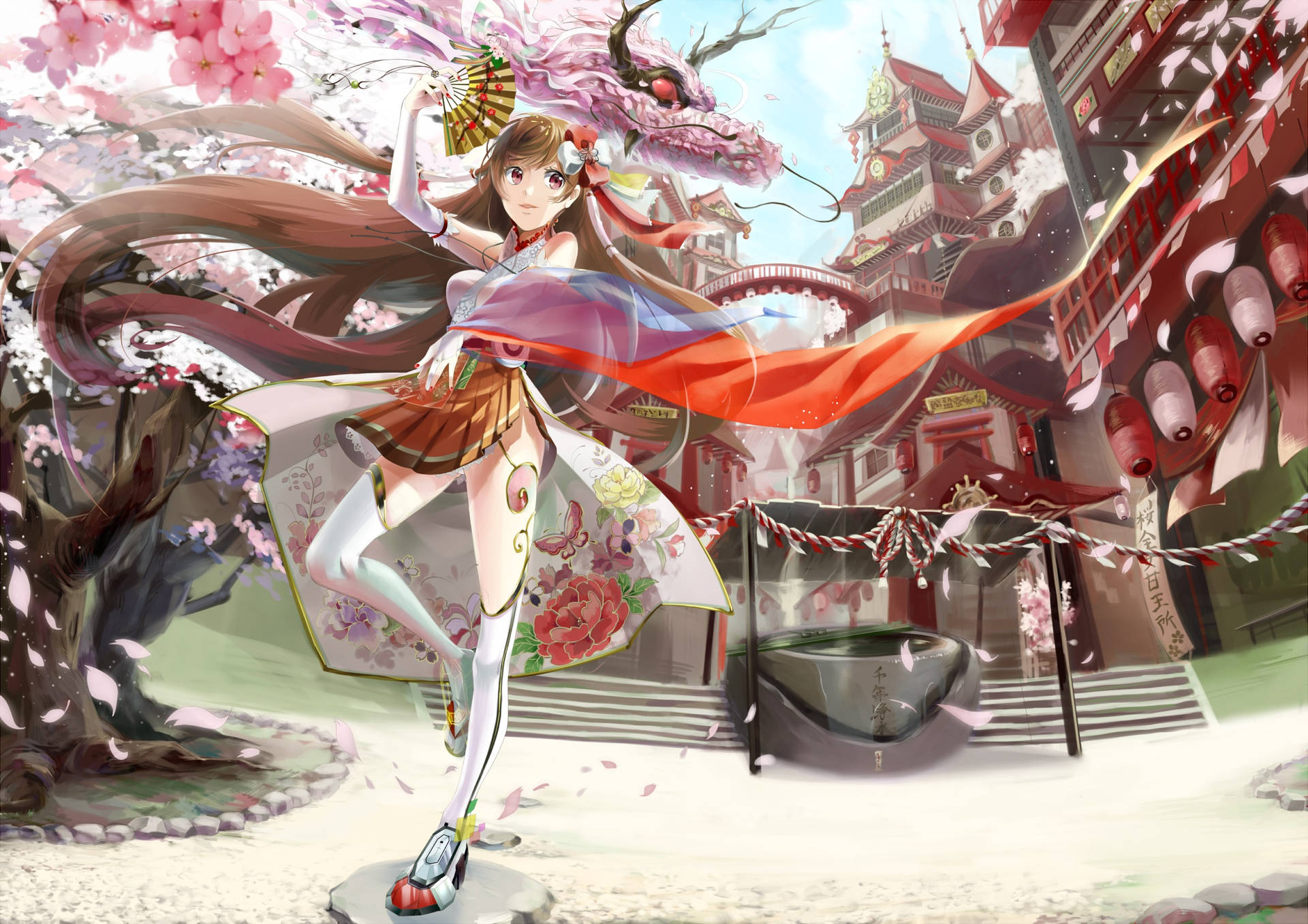 動漫少女喺日本神社嘅櫻花下同龍跳舞。