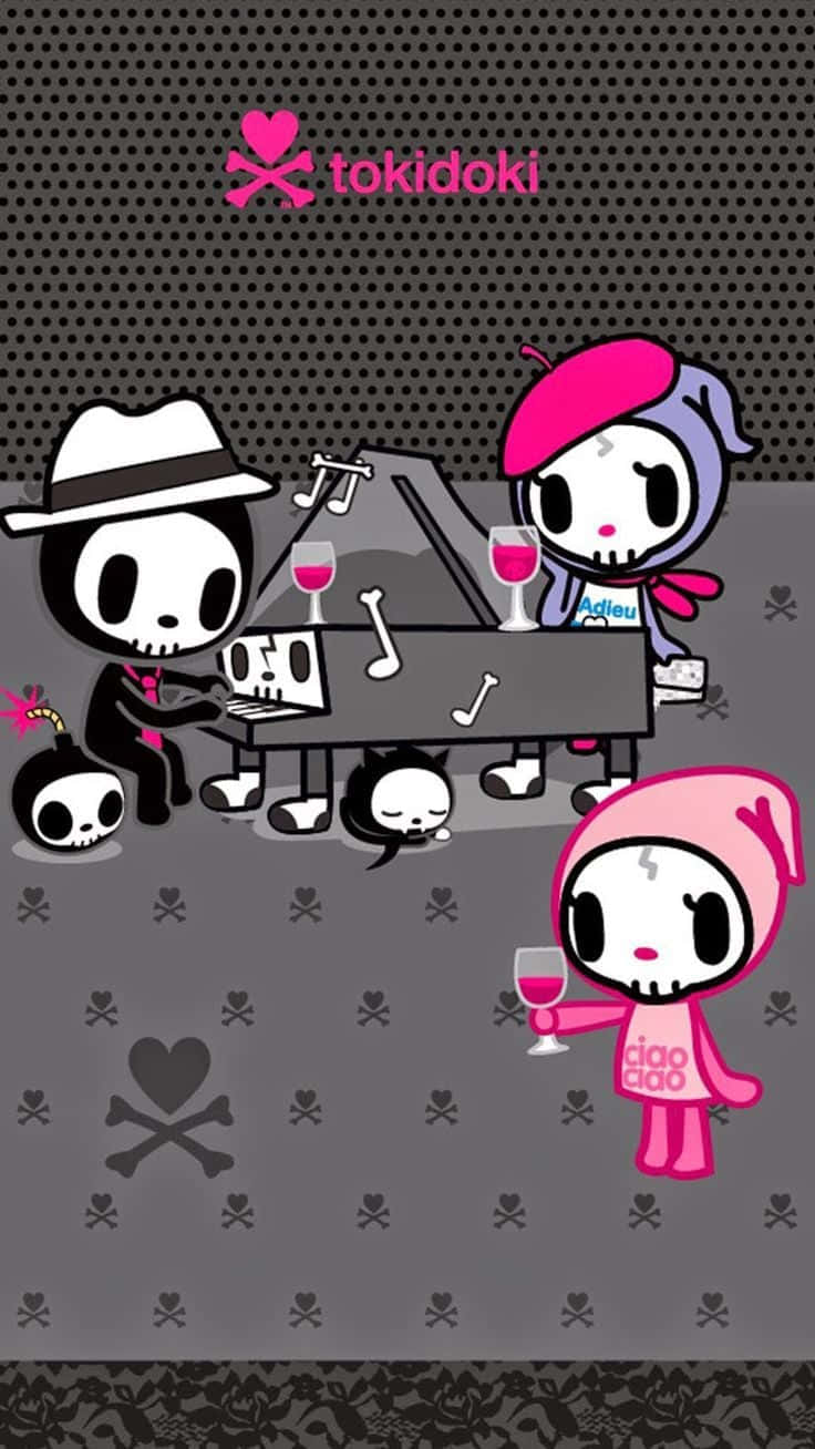 Tokidoki 卡通角色在骷髏主題房間喝葡萄酒和彈鋼琴。