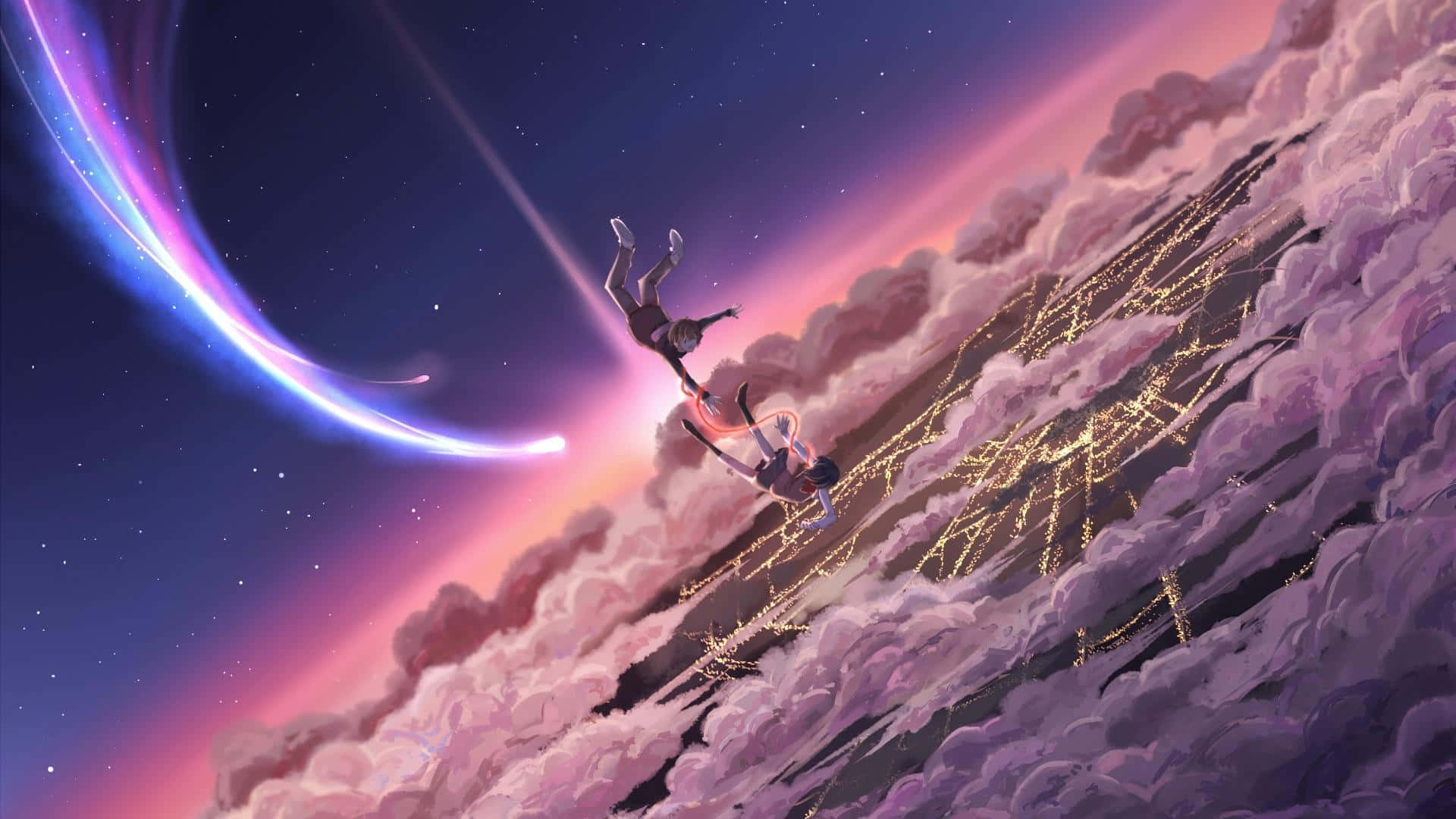 盡情享受我們粉紅動漫背景的活力 壁紙 — 兩個身影在星空背景和紫色雲層中翱翔於宇宙天空，留下發光的軌跡。