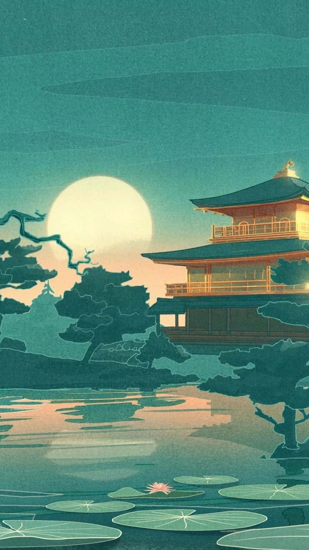 一座發光的日本寶塔，位於月光照耀的睡蓮池塘旁。