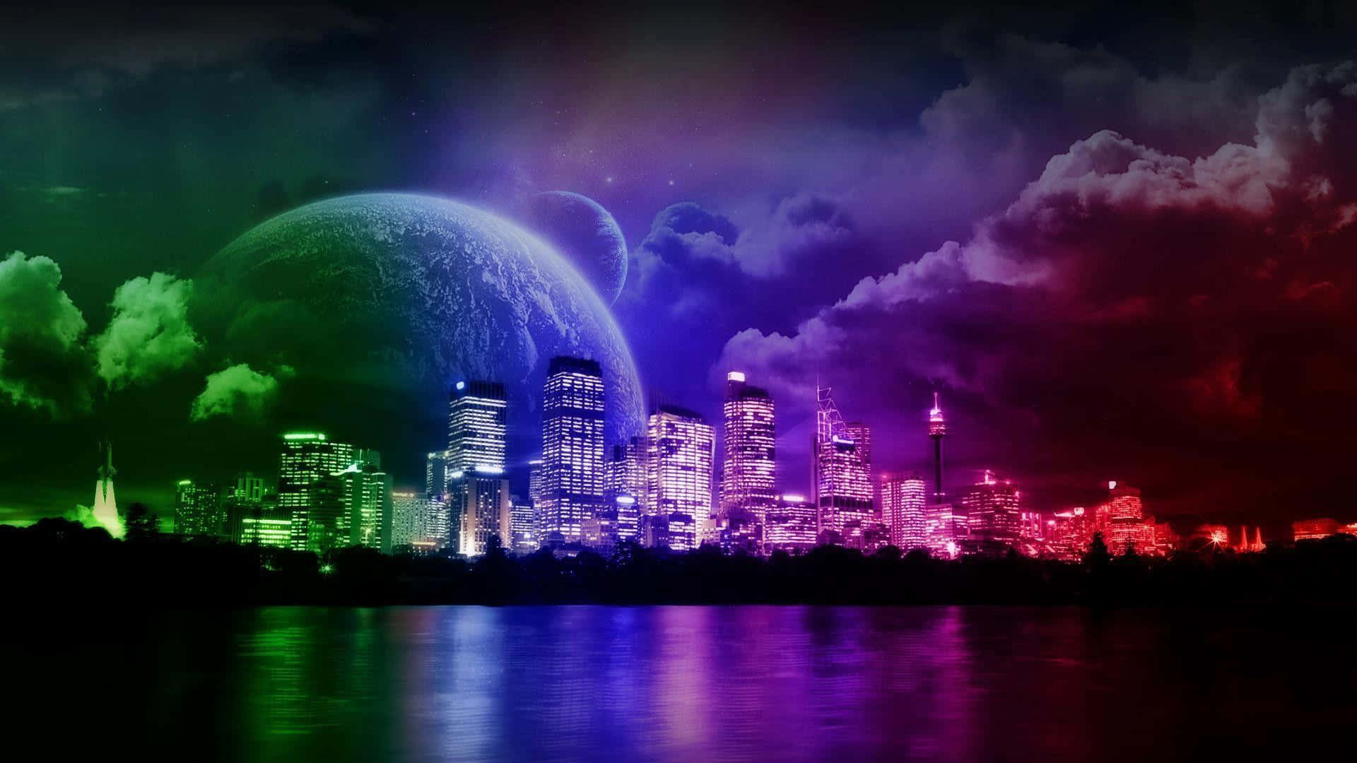 未來城市天際線夜景，帶有外星行星和水面上的霓虹反射。