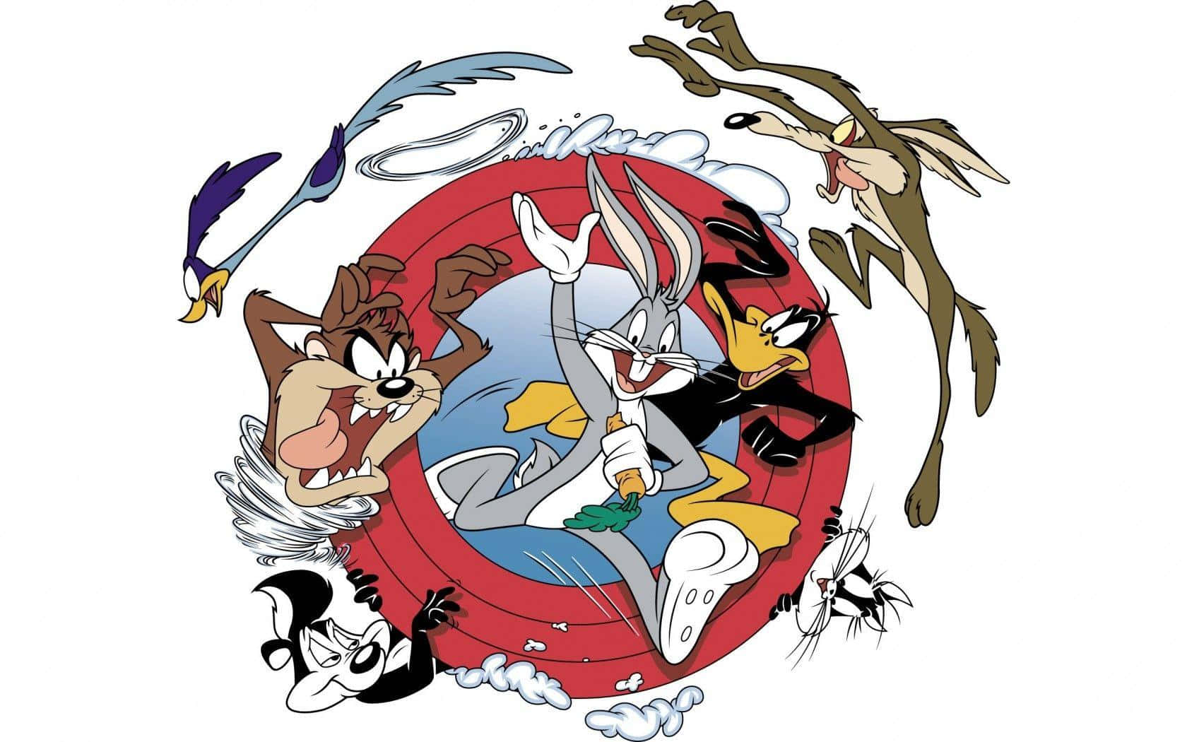 盡情享受樂一通的搞笑趣事！ 壁紙 — 經典 Looney Tunes 角色如賓尼兔和達菲鴨在混亂的卡通動作場景中動態擺姿勢。