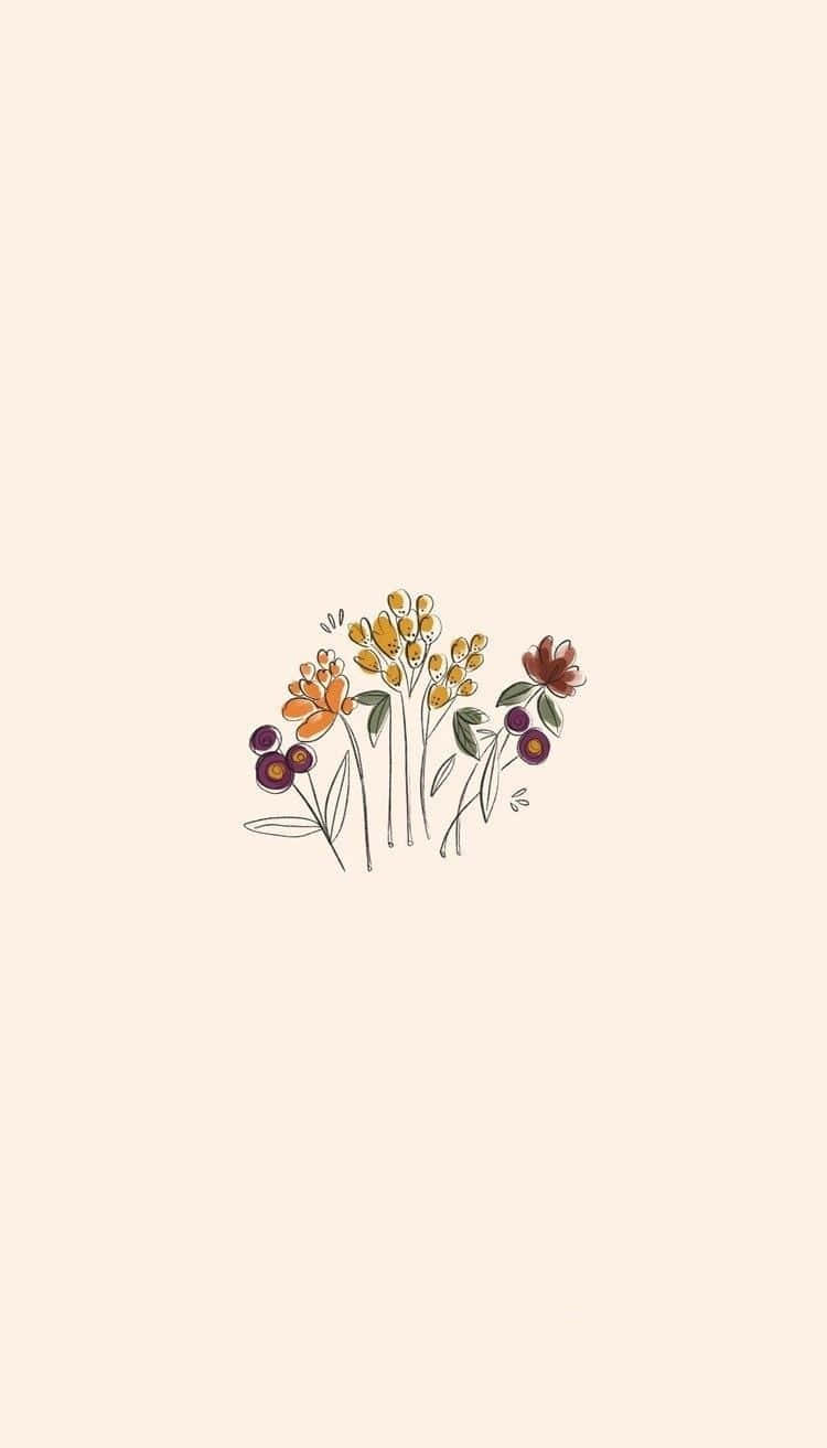 簡約花卉插圖，橙色、紫色和黃色的花朵在米色背景上。