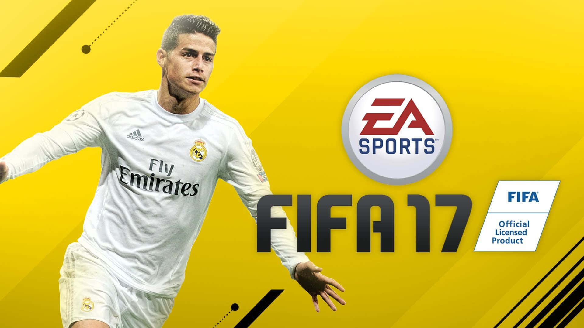 黃色FIFA 17遊戲封面上的白色皇家馬德里球衣足球運動員。