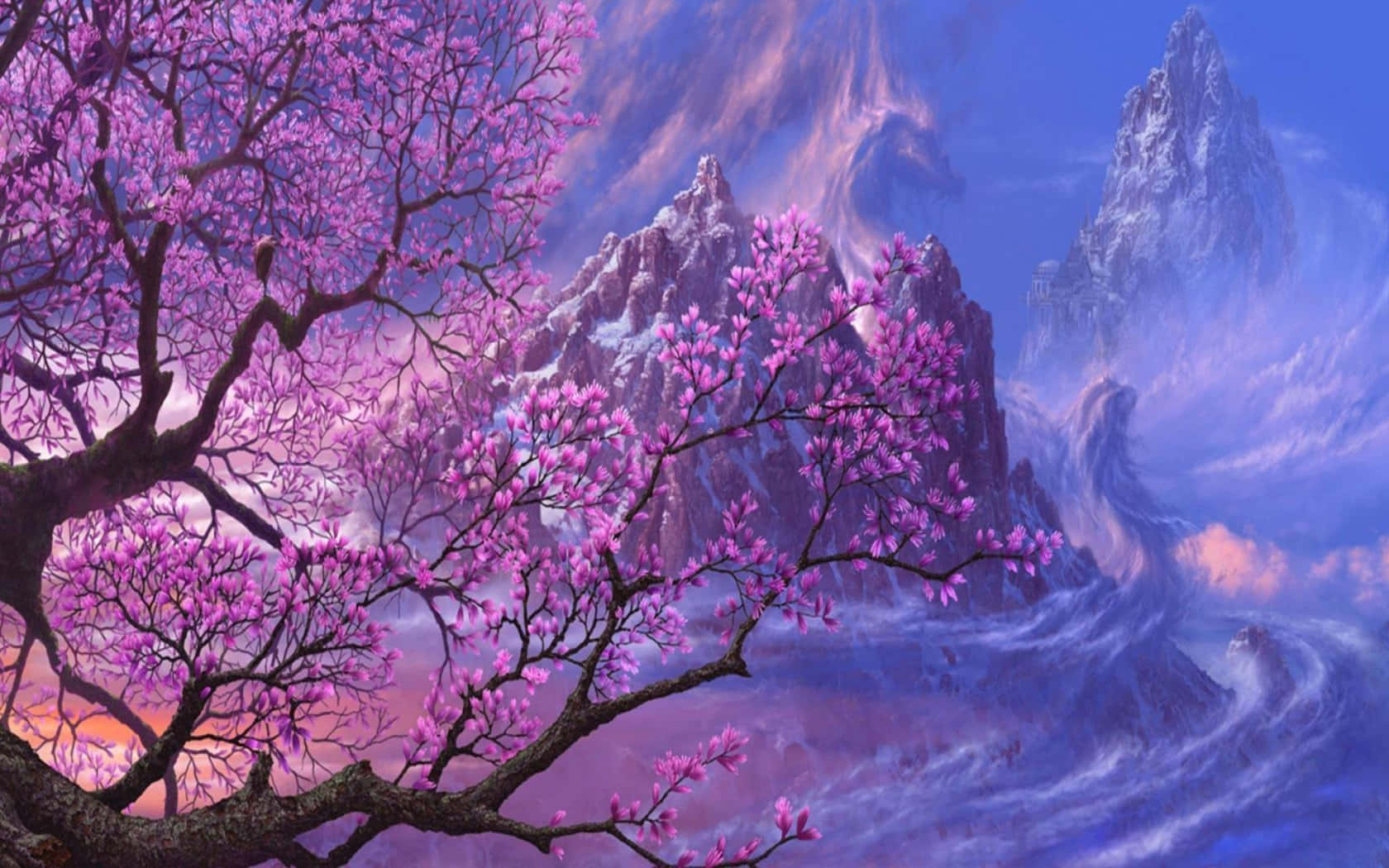 盡情享受粉紅動漫的絢麗色彩 壁紙 — 一個超現實的奇幻景觀，在暮色天空下，雪山前有一棵盛開的紫色樹。