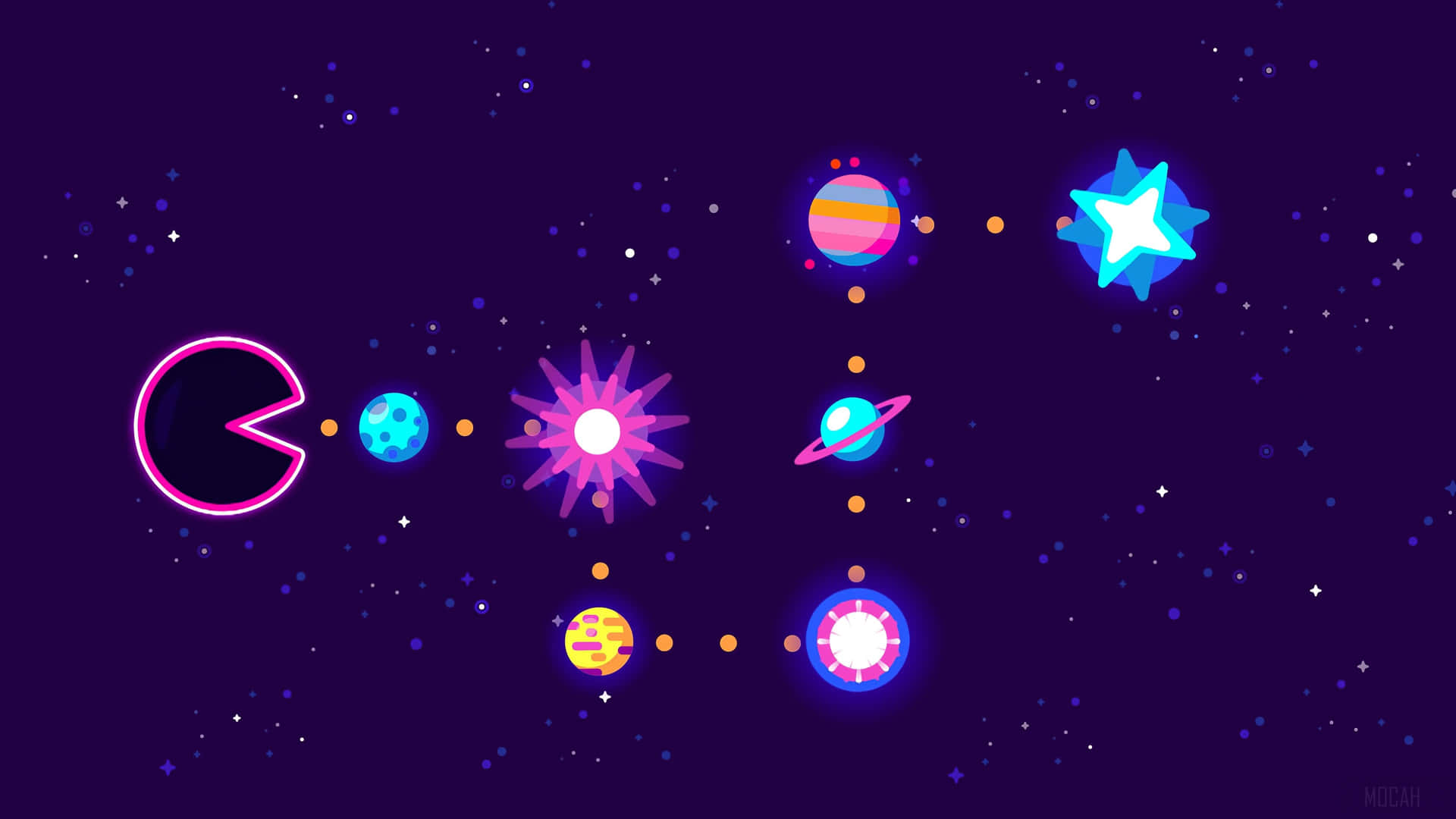 螢光 Pac-Man 在充滿行星和星星的彩色太空中旅行。