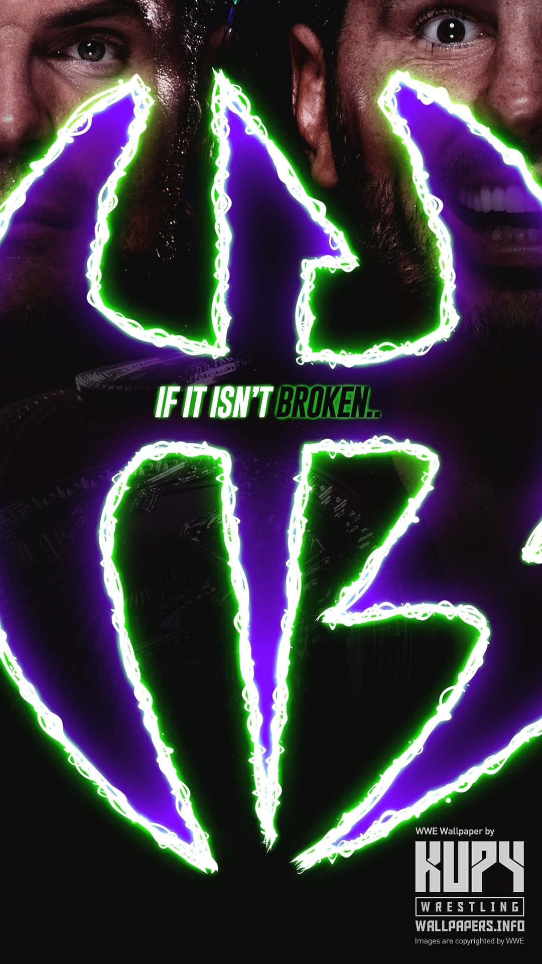 摔角手的臉框住發光的霓虹標誌，文字 'If it isn't broken..'